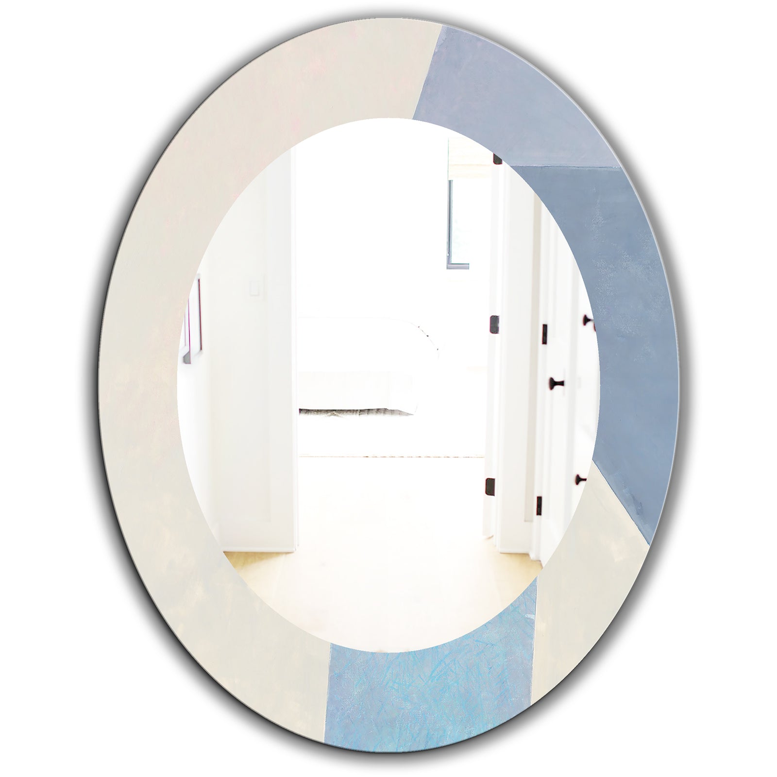 Purple Geometric Bridge I - Mid Century Round Mirror - Frameless Oval or Round Wall Mirror