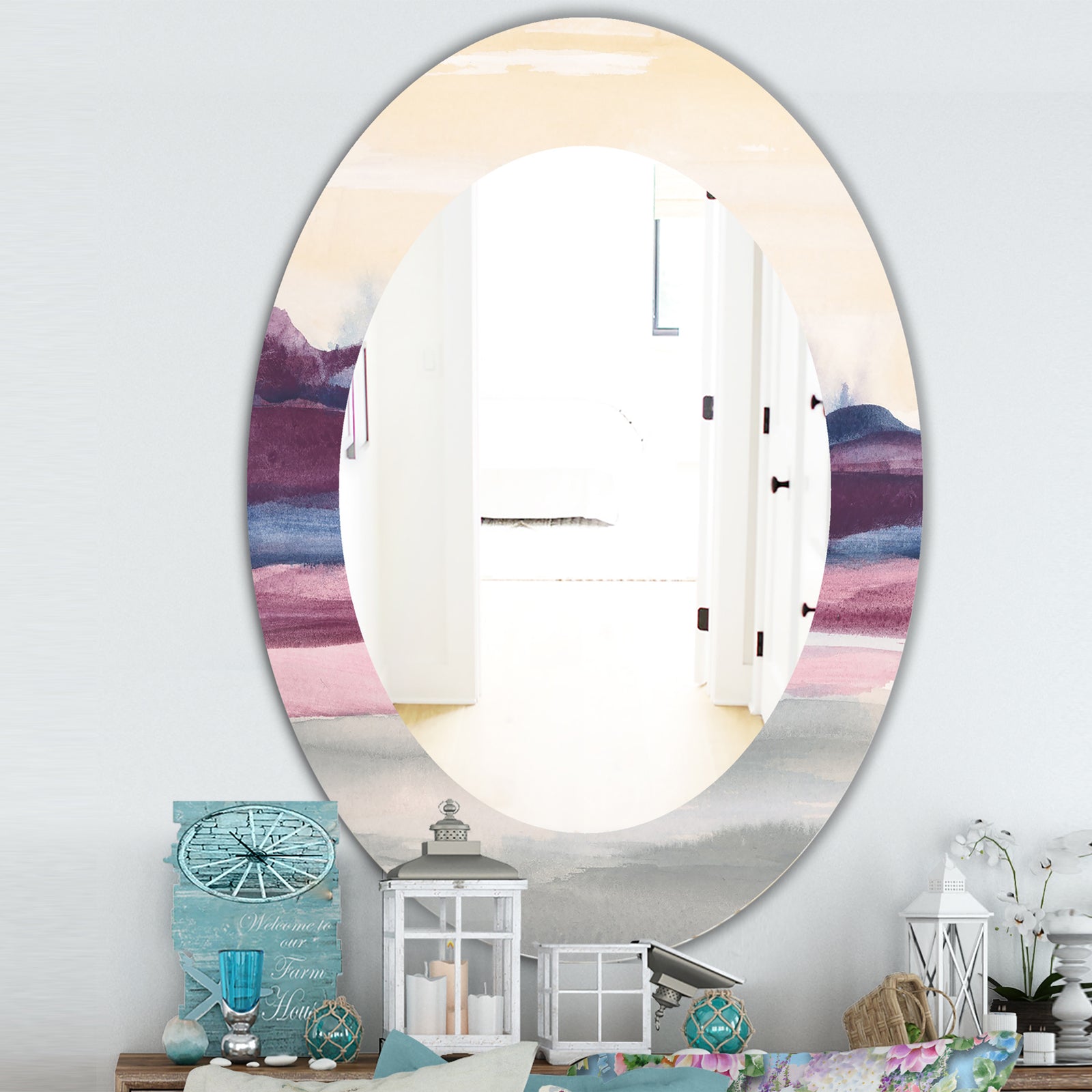 Purple Rock Landscape - Farmhouse Mirror - Frameless Oval or Round Wall Mirror