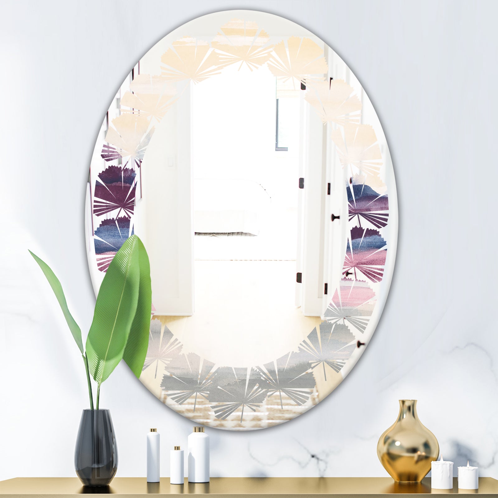 Purple Rock Landscape - Modern Round or Oval Wall Mirror - Leaves