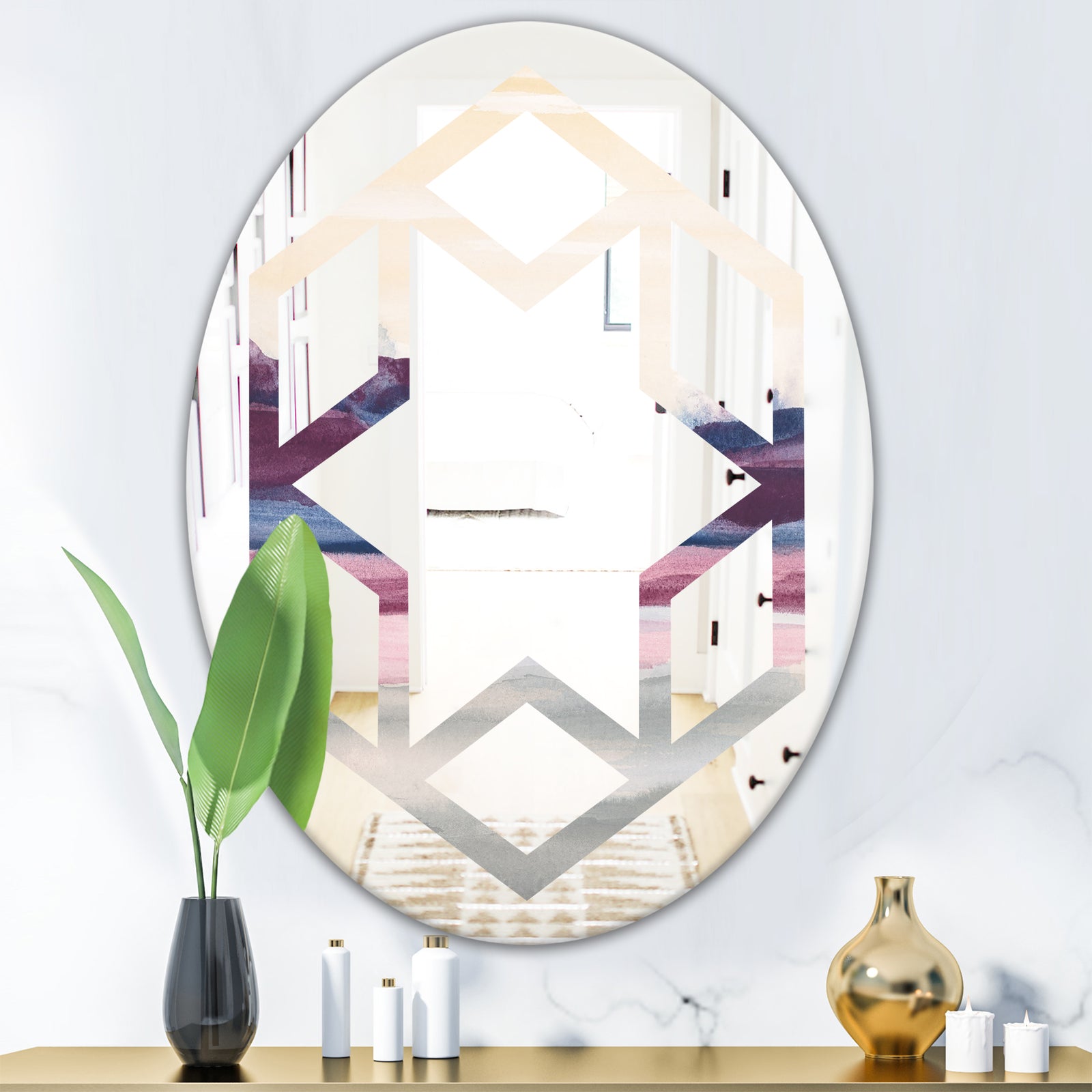 Purple Rock Landscape - Modern Round or Oval Wall Mirror - Hexagon Star