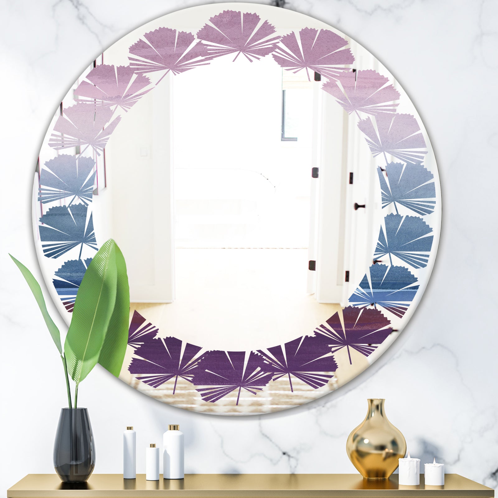 Purple Rock Landscape III - Modern Round or Oval Wall Mirror - Leaves