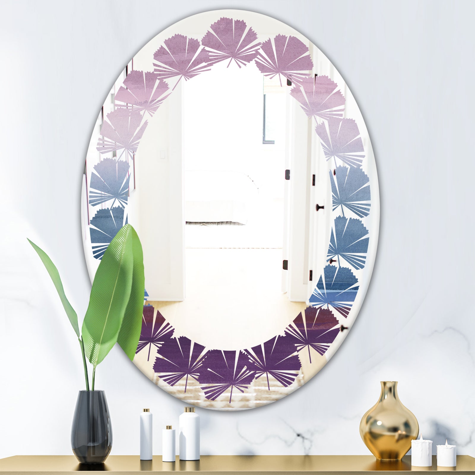 Purple Rock Landscape III - Modern Round or Oval Wall Mirror - Leaves