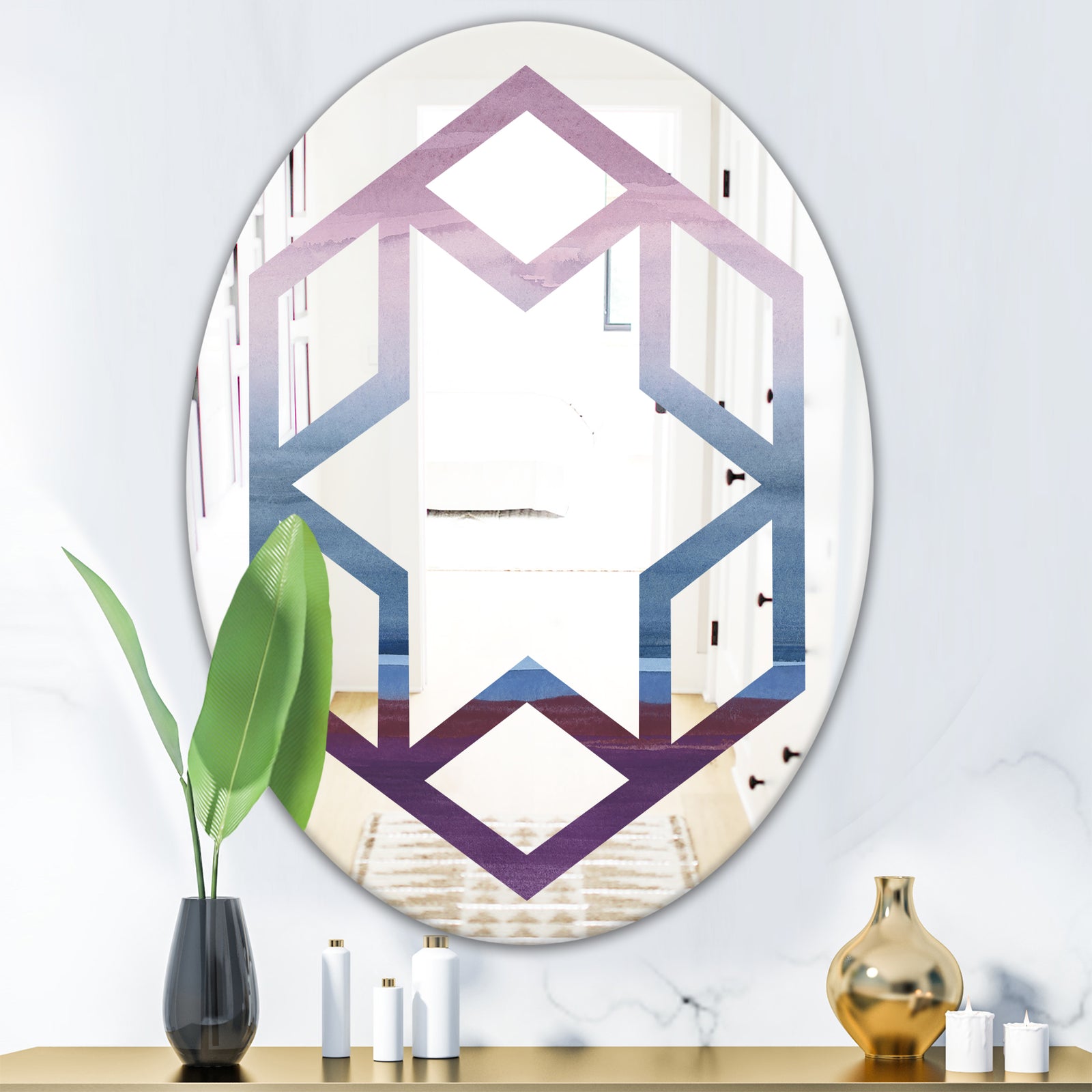 Purple Rock Landscape III - Modern Round or Oval Wall Mirror - Hexagon Star