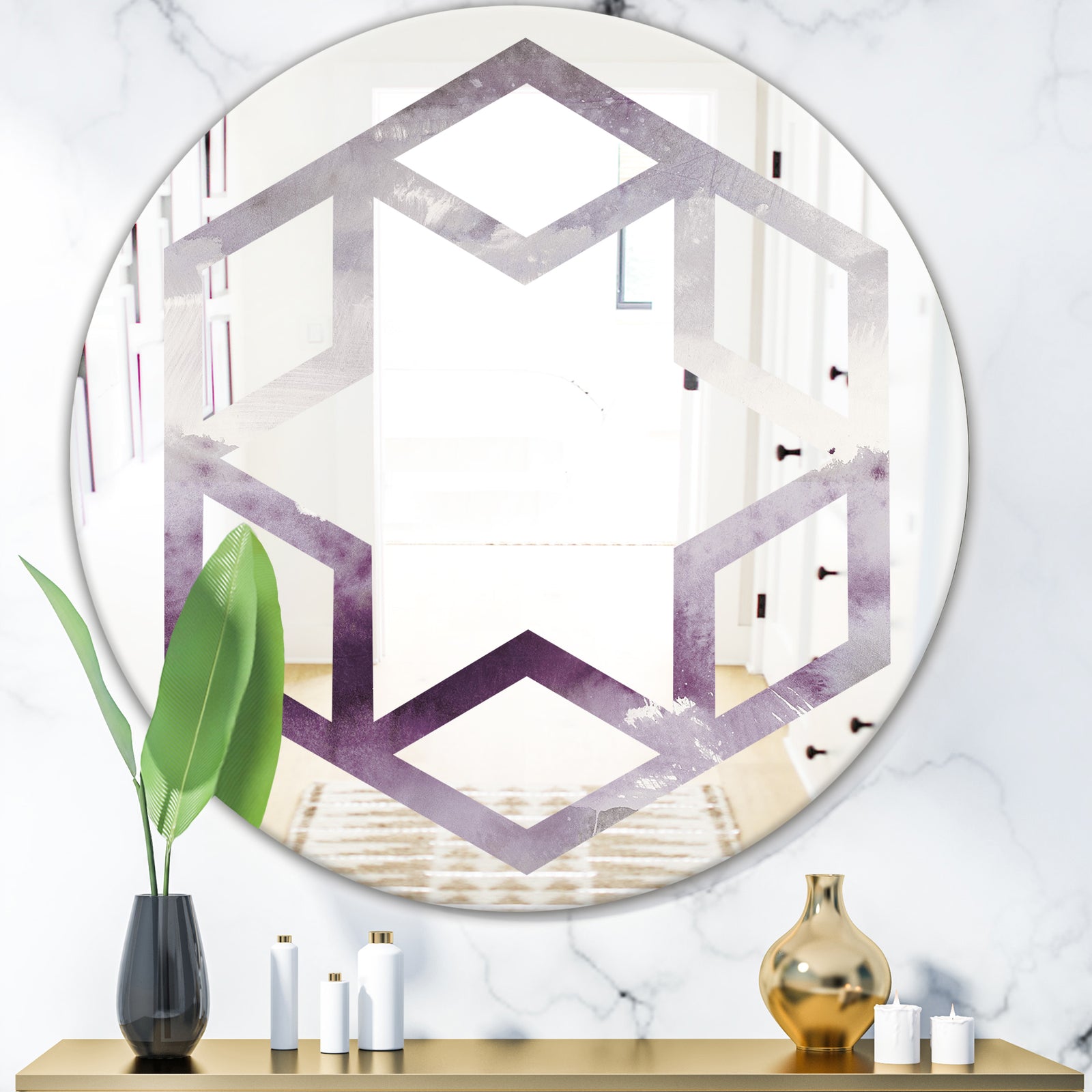Midnight At The Lake II Amethyst and Grey - Modern Round or Oval Wall Mirror - Hexagon Star