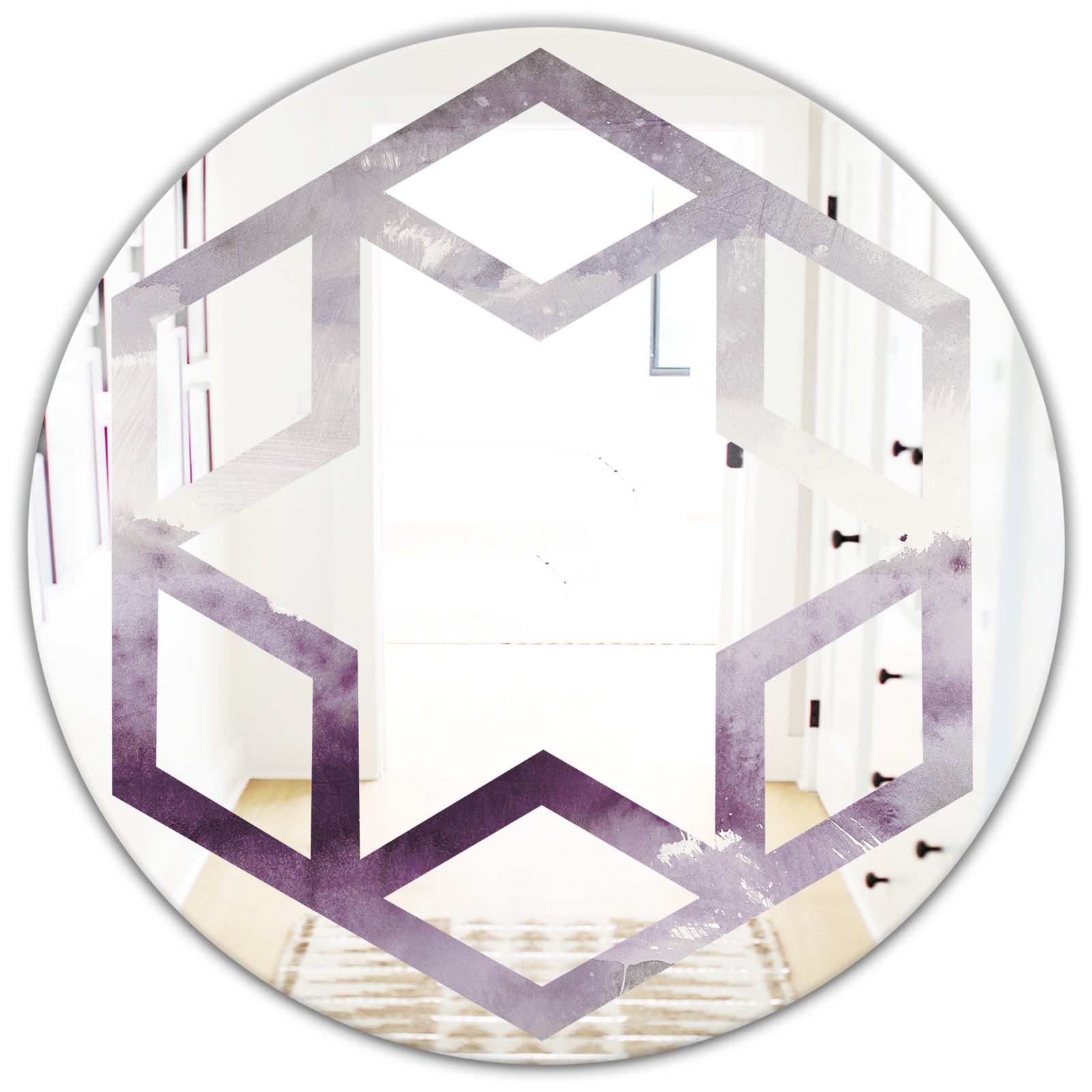 Midnight At The Lake II Amethyst and Grey - Modern Round or Oval Wall Mirror - Hexagon Star
