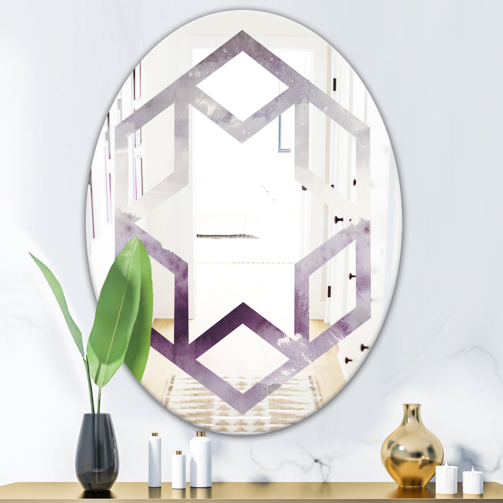 Midnight At The Lake II Amethyst and Grey - Modern Round or Oval Wall Mirror - Hexagon Star
