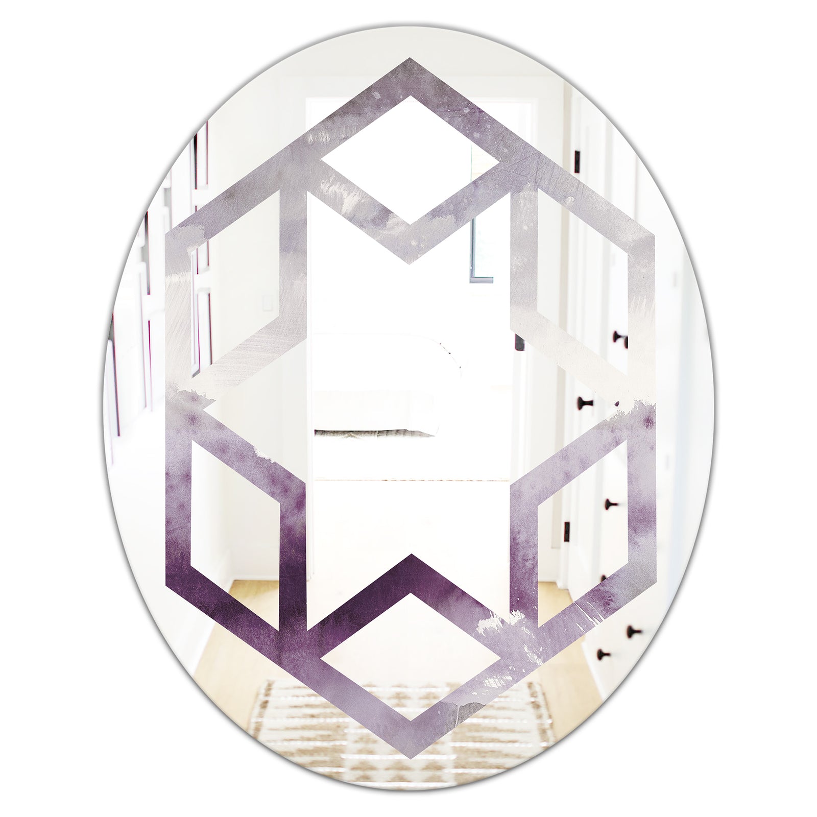Midnight At The Lake II Amethyst and Grey - Modern Round or Oval Wall Mirror - Hexagon Star