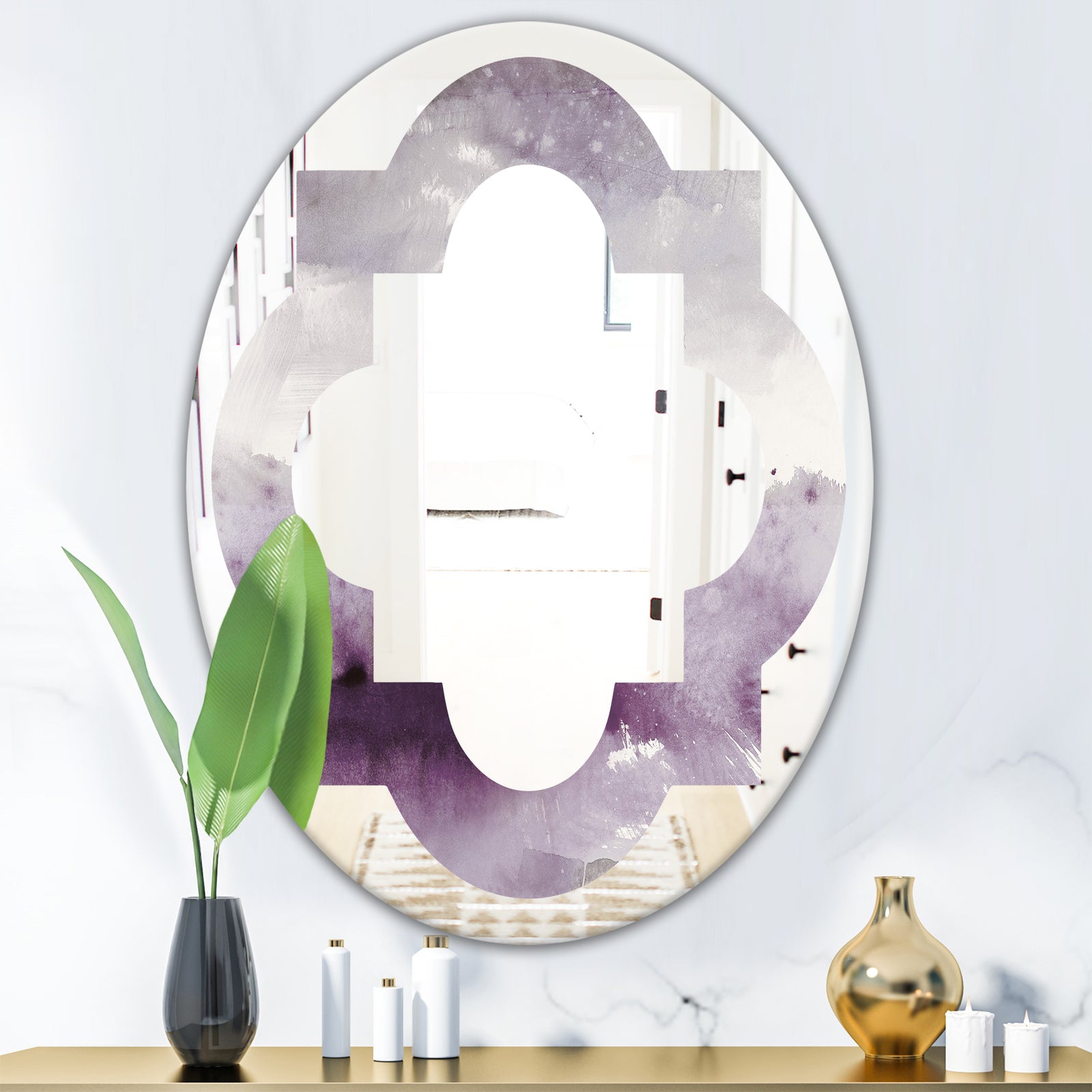 Midnight At The Lake II Amethyst and Grey - Modern Round or Oval Wall Mirror - Quatrefoil