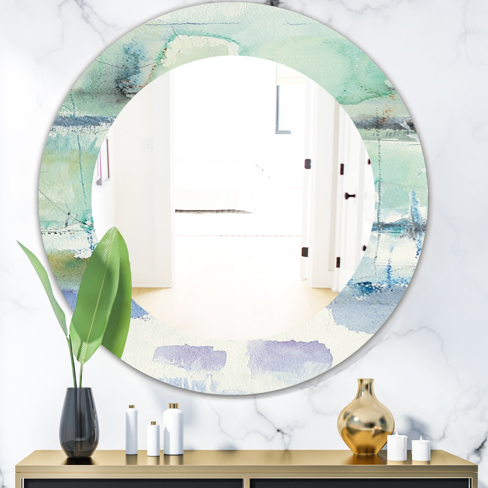 Blue Abstract Panel I - Modern Mirror - Oval or Round Wall Mirror