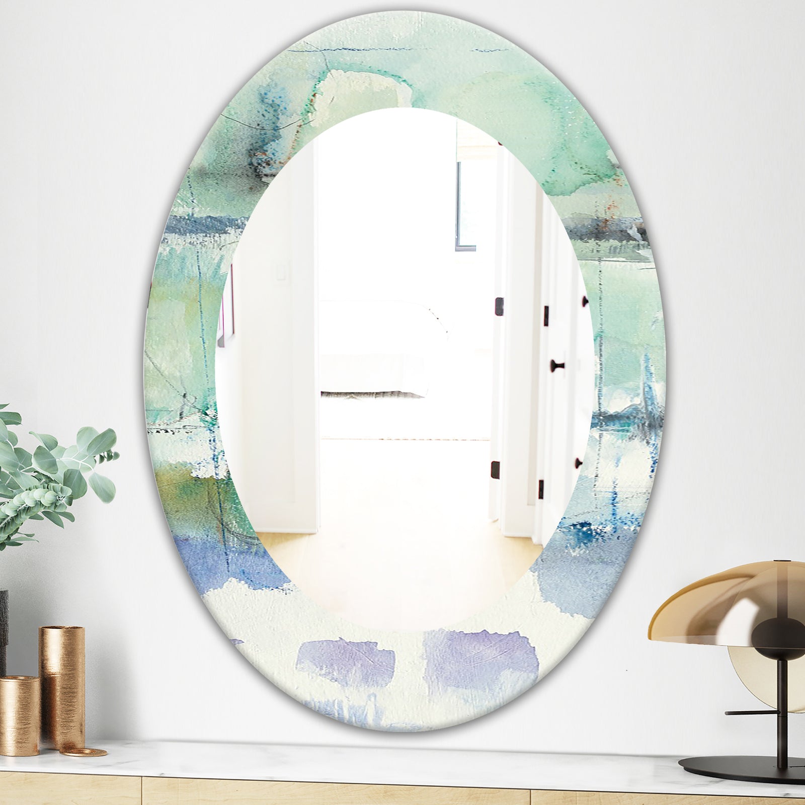 Blue Abstract Panel I - Modern Mirror - Oval or Round Wall Mirror