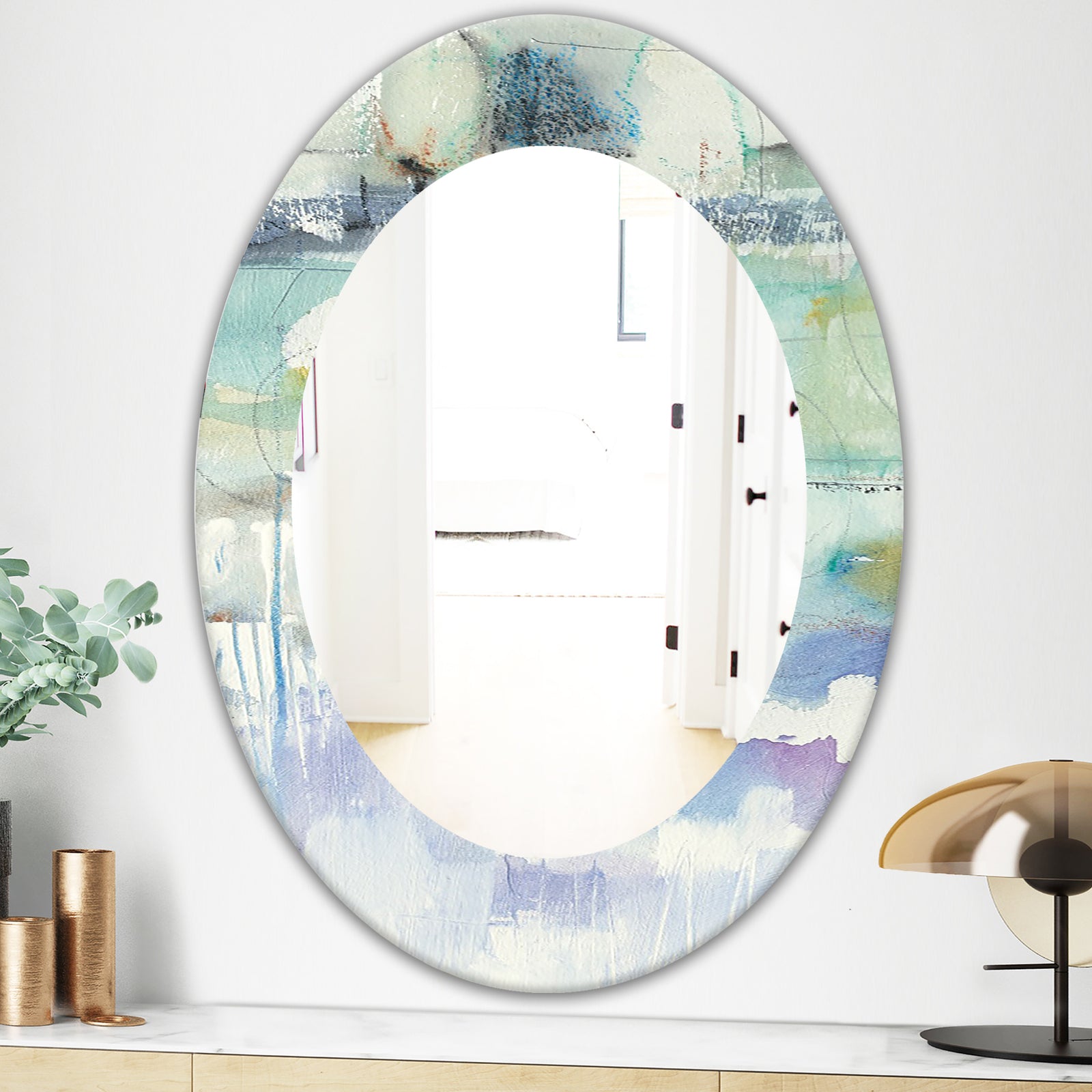 Blue Abstract Panel II - Modern Mirror - Oval or Round Wall Mirror