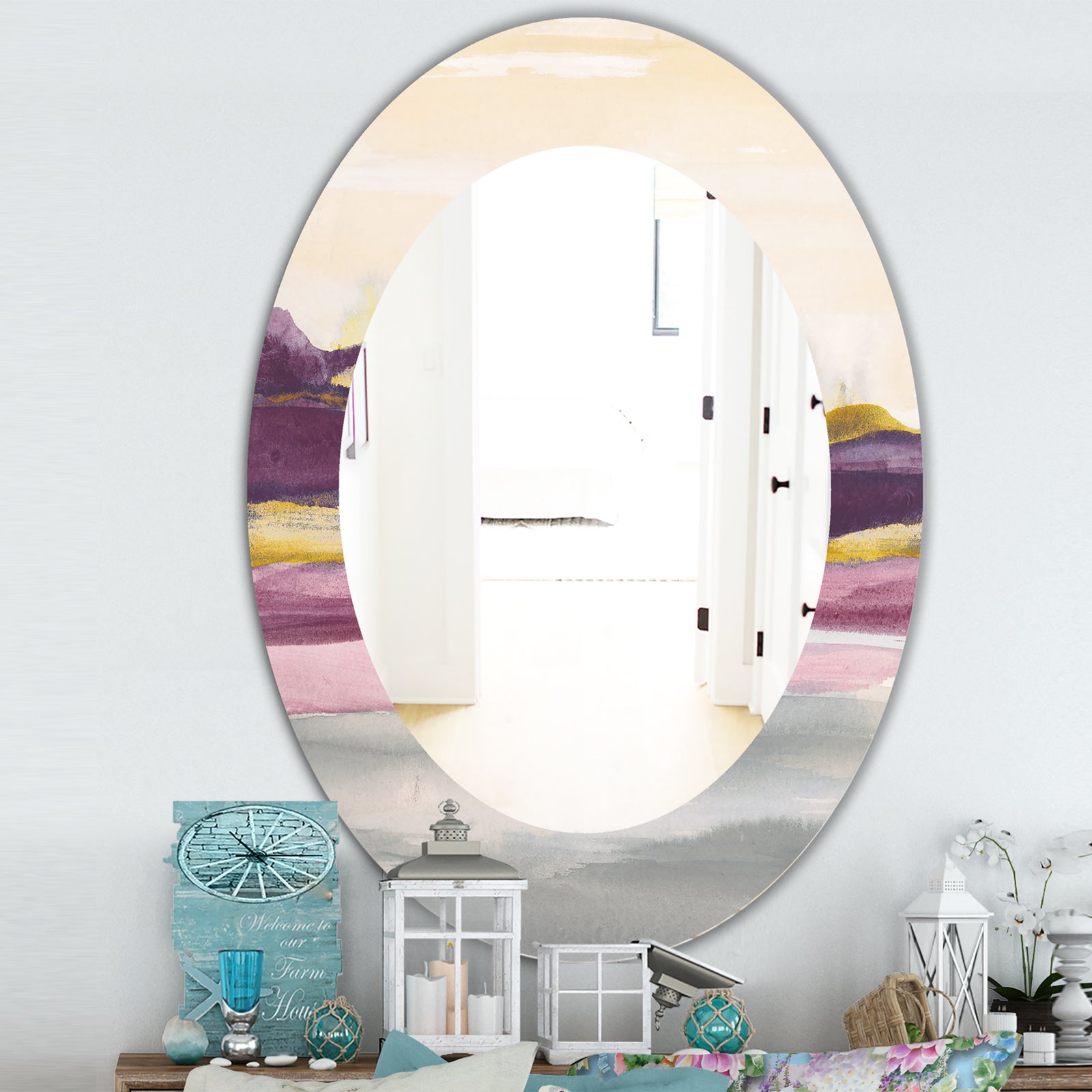 Painted Purple and Gold Landscape II - Farmhouse Mirror - Oval or Round Wall Mirror