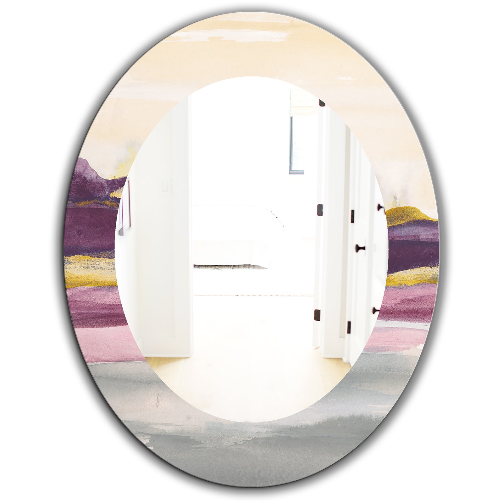 Painted Purple and Gold Landscape II - Farmhouse Mirror - Oval or Round Wall Mirror