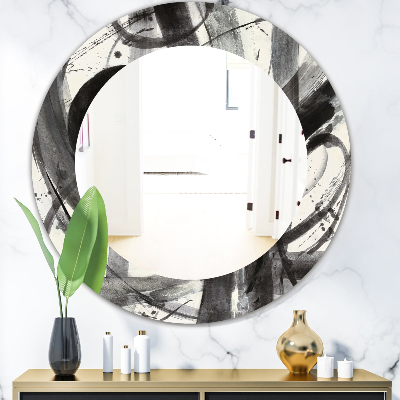 Black and White Minimalistic Painting - Modern Mirror - Oval or Round Wall Mirror