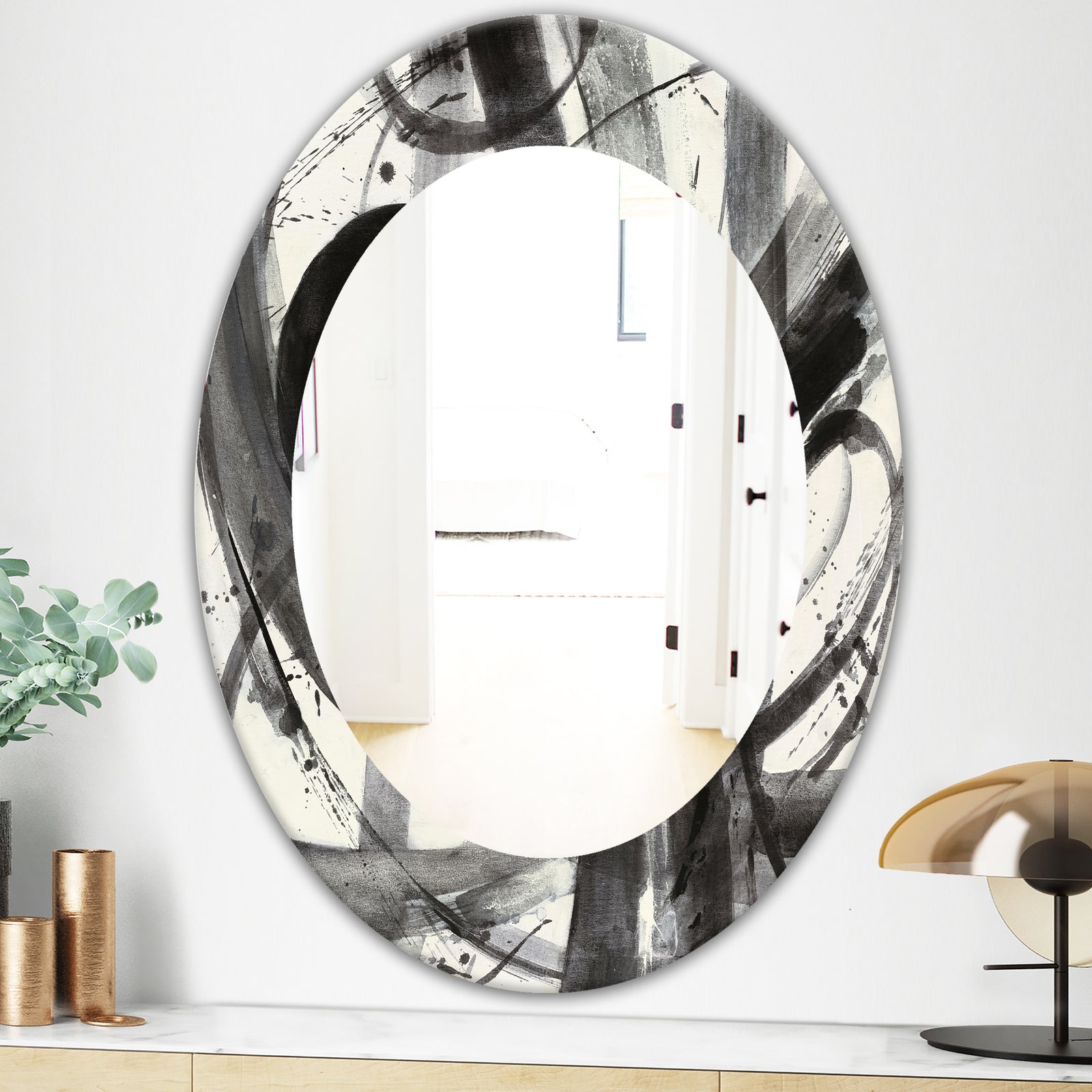 Black and White Minimalistic Painting - Modern Mirror - Oval or Round Wall Mirror