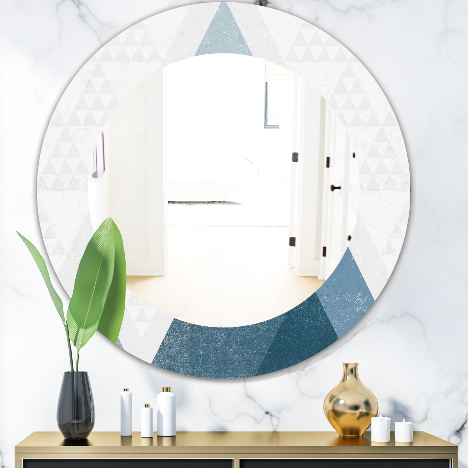 Minimal Triangles III Blue - Mid-Century Mirror - Oval or Round Wall Mirror