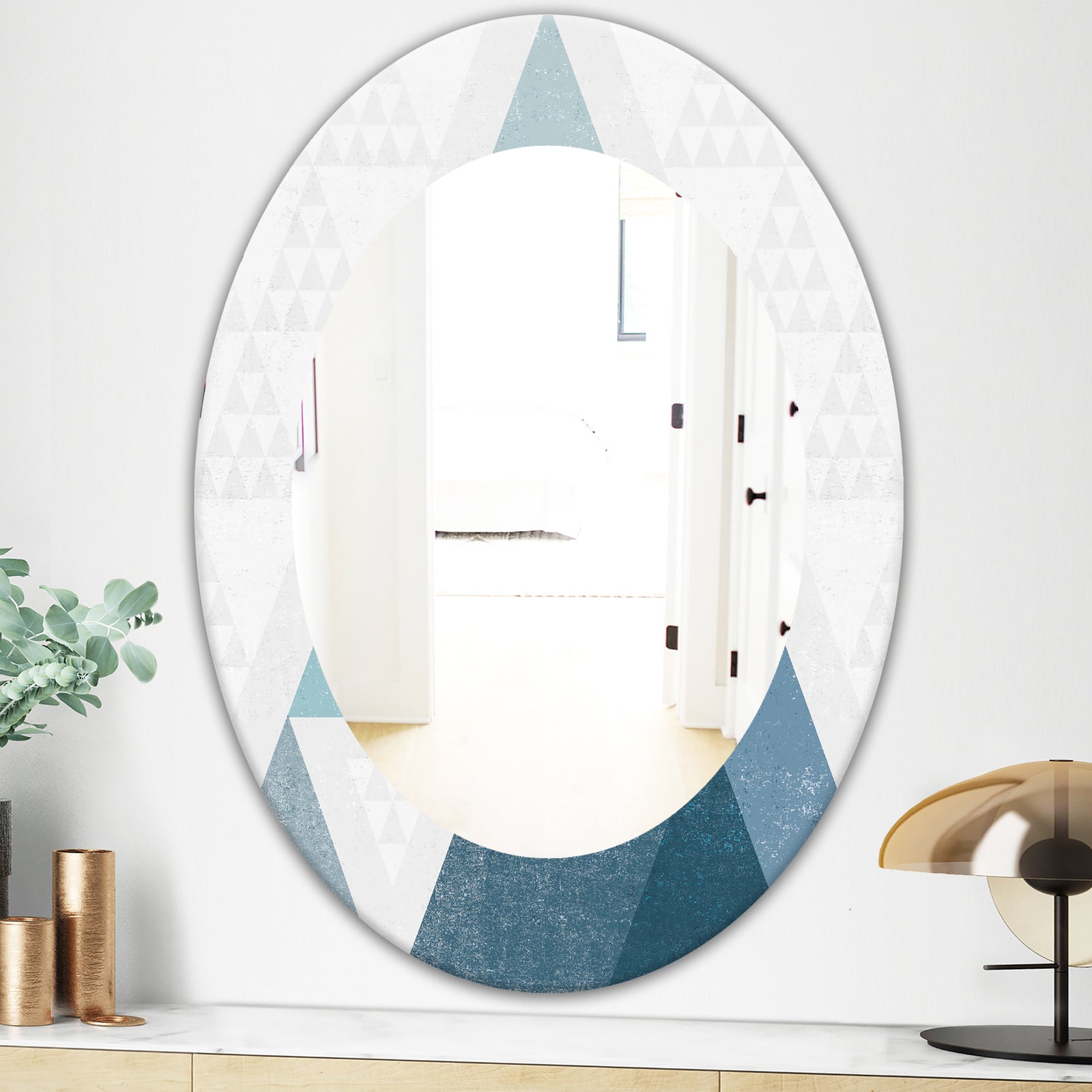 Minimal Triangles III Blue - Mid-Century Mirror - Oval or Round Wall Mirror