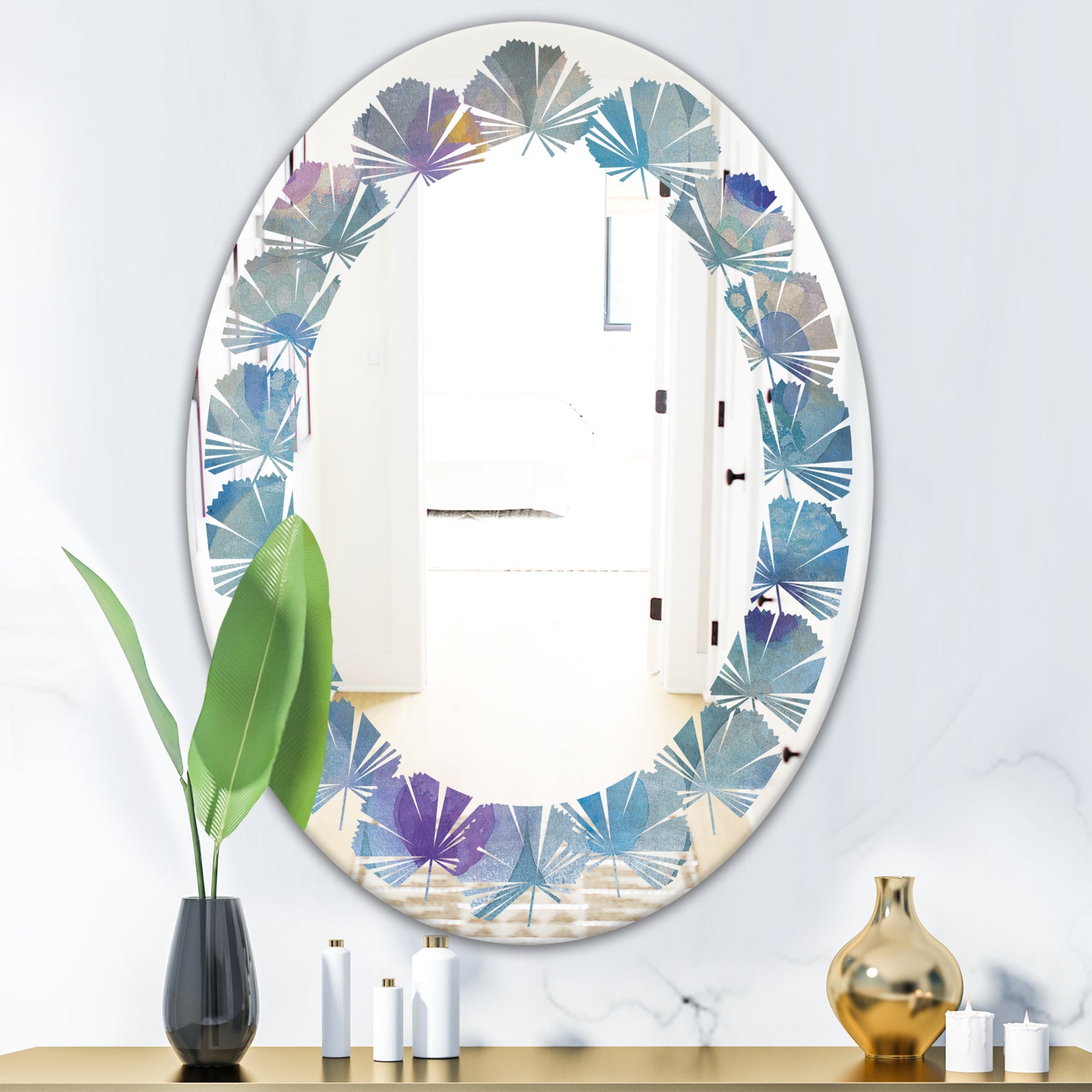 Watercolor Geometrical Circles II - Modern Round or Oval Wall Mirror - Leaves