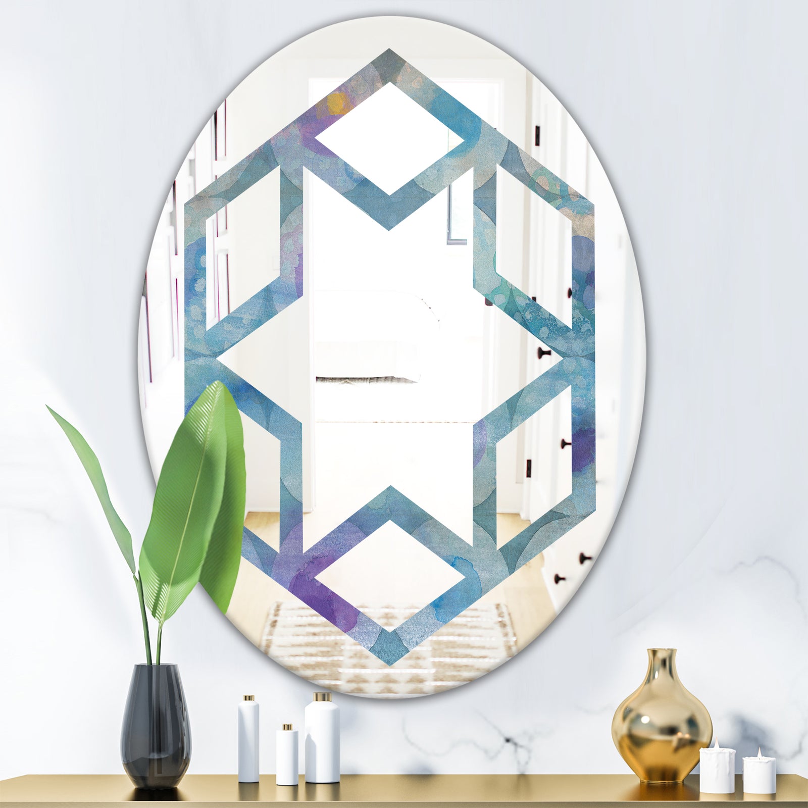 Watercolor Geometrical Circles II - Modern Round or Oval Wall Mirror - Hexagon Star