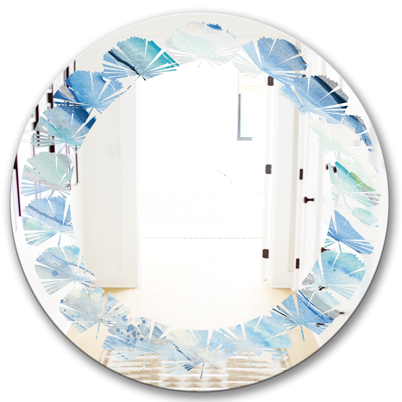 Blue Silver Spring I - Modern Round or Oval Wall Mirror - Leaves