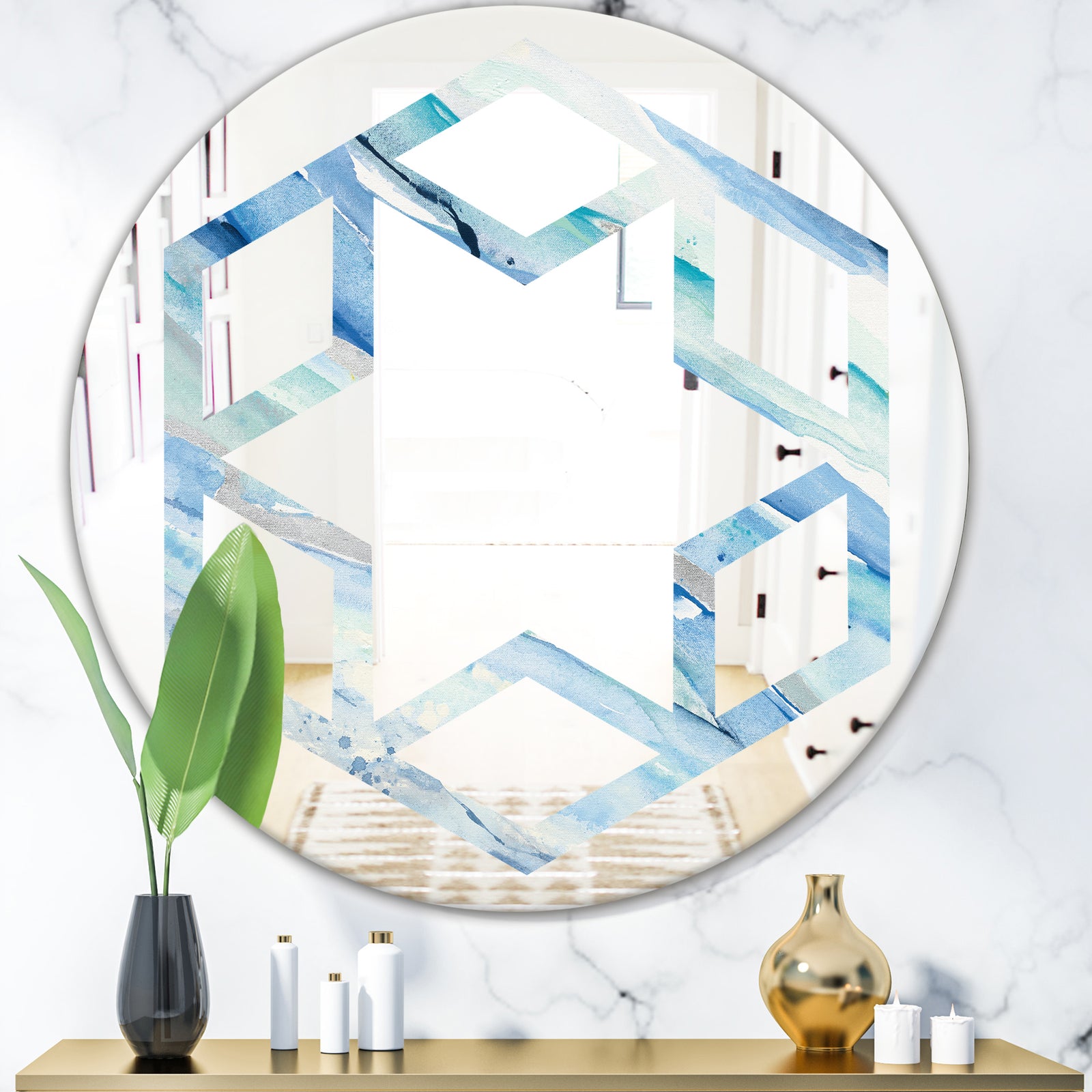 Blue Silver Spring I - Modern Round or Oval Wall Mirror - Hexagon Star