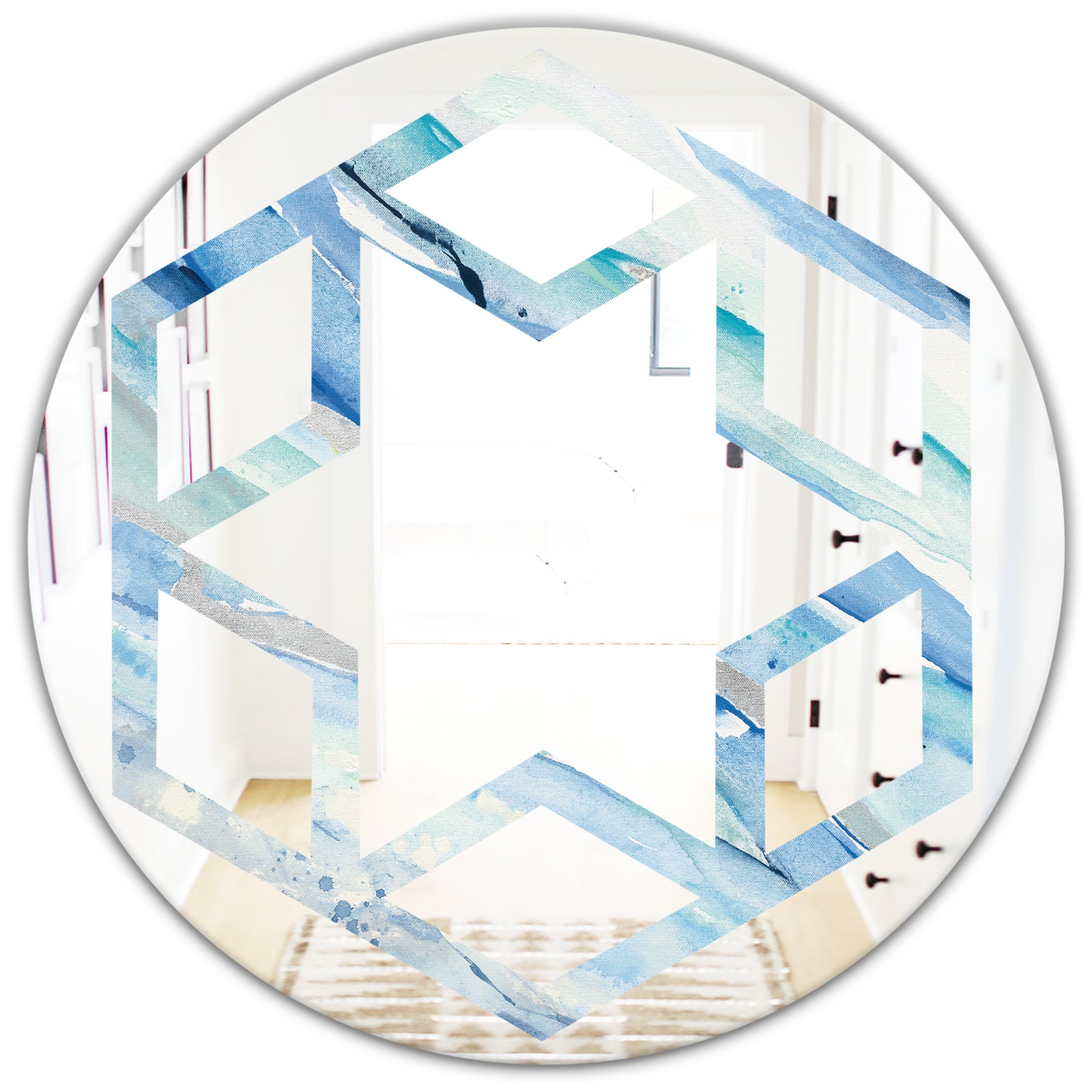 Blue Silver Spring I - Modern Round or Oval Wall Mirror - Hexagon Star