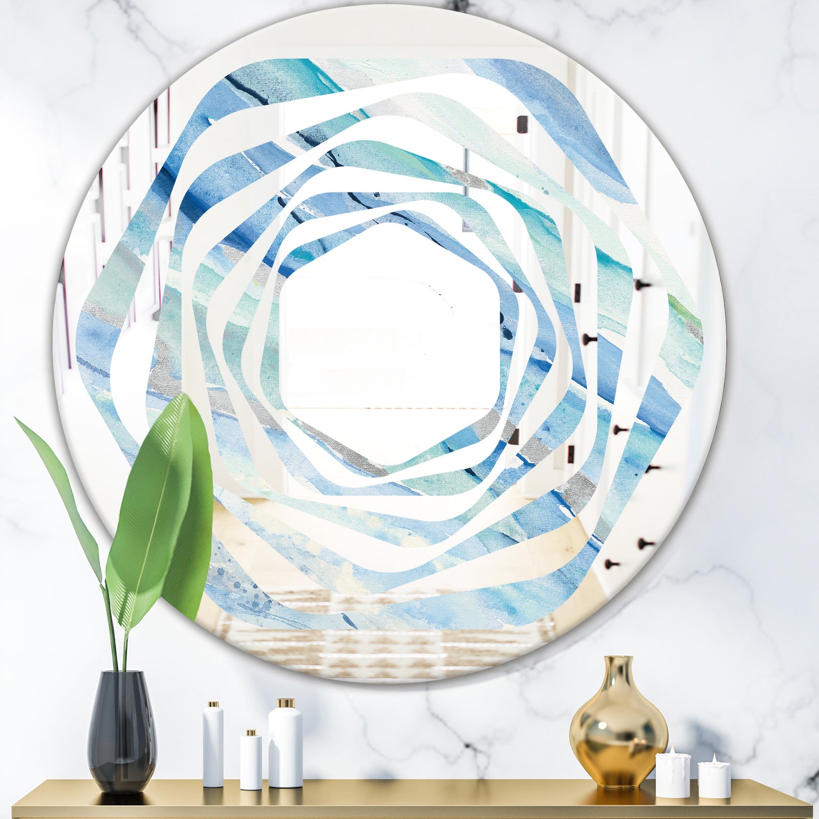 Blue Silver Spring I - Modern Round or Oval Wall Mirror - Whirl