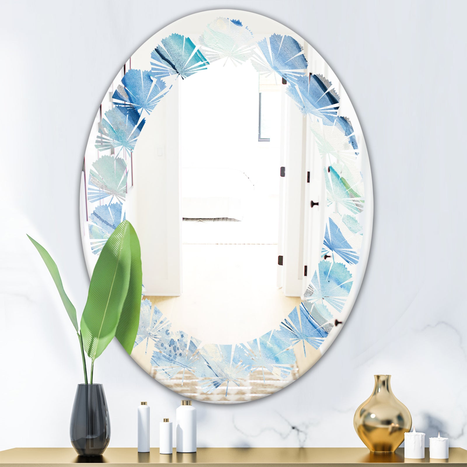 Blue Silver Spring I - Modern Round or Oval Wall Mirror - Leaves