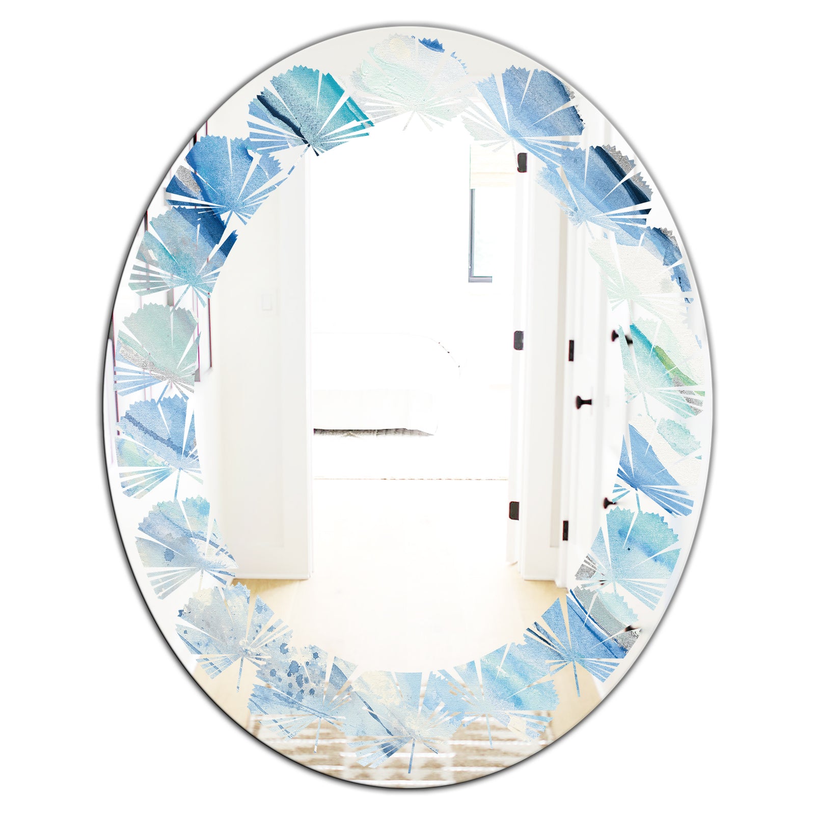 Blue Silver Spring I - Modern Round or Oval Wall Mirror - Leaves