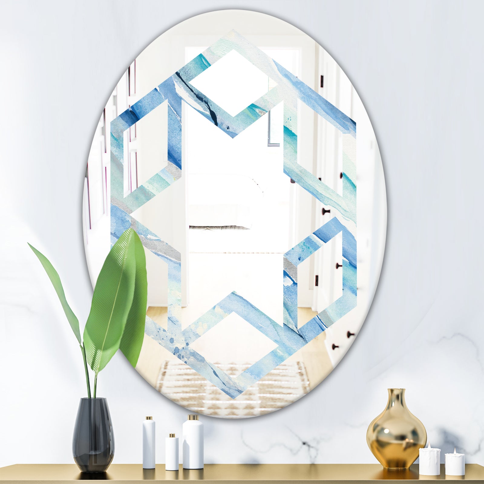 Blue Silver Spring I - Modern Round or Oval Wall Mirror - Hexagon Star