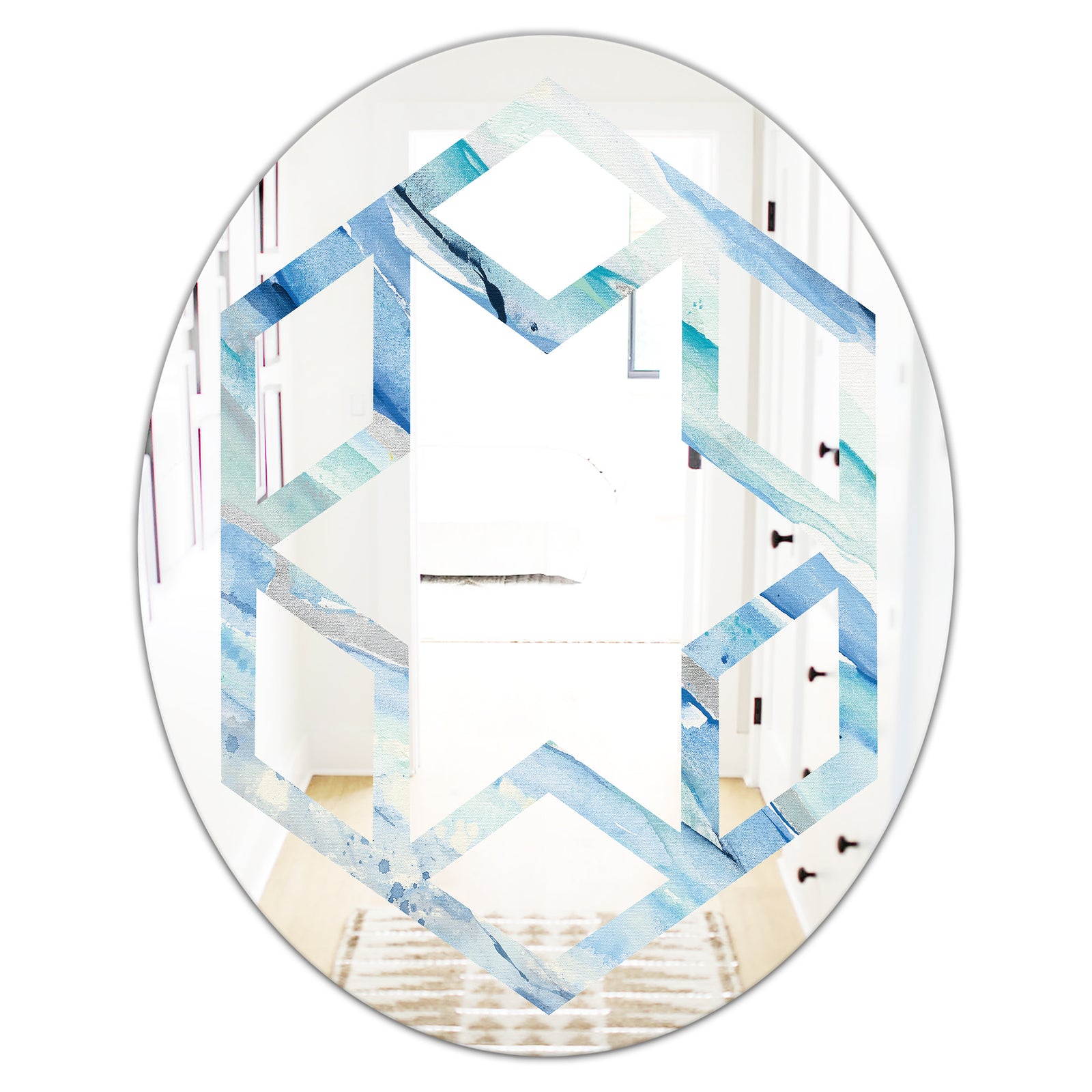 Blue Silver Spring I - Modern Round or Oval Wall Mirror - Hexagon Star