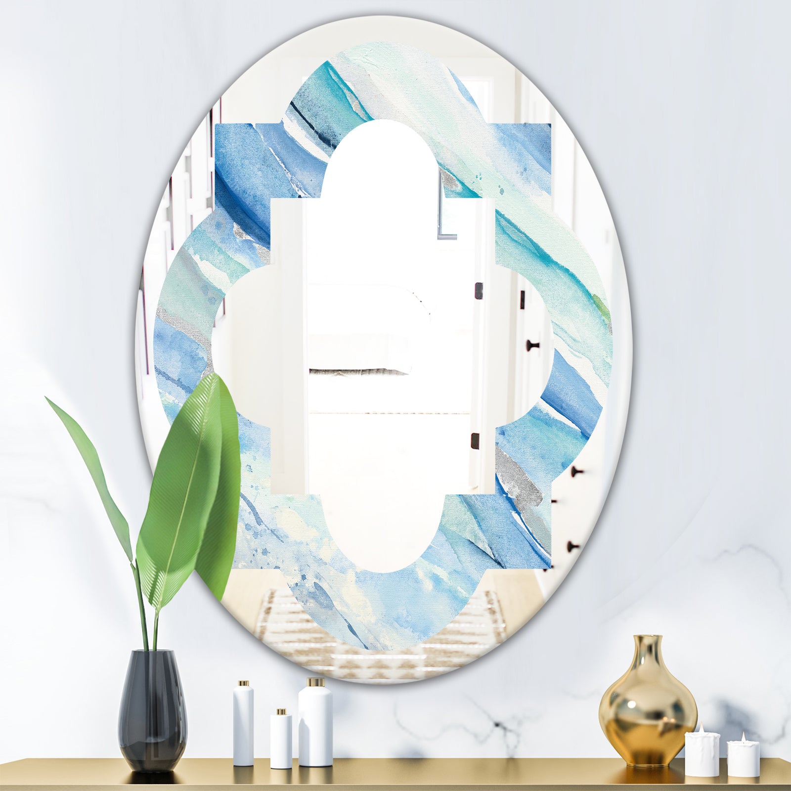 Blue Silver Spring I - Modern Round or Oval Wall Mirror - Quatrefoil