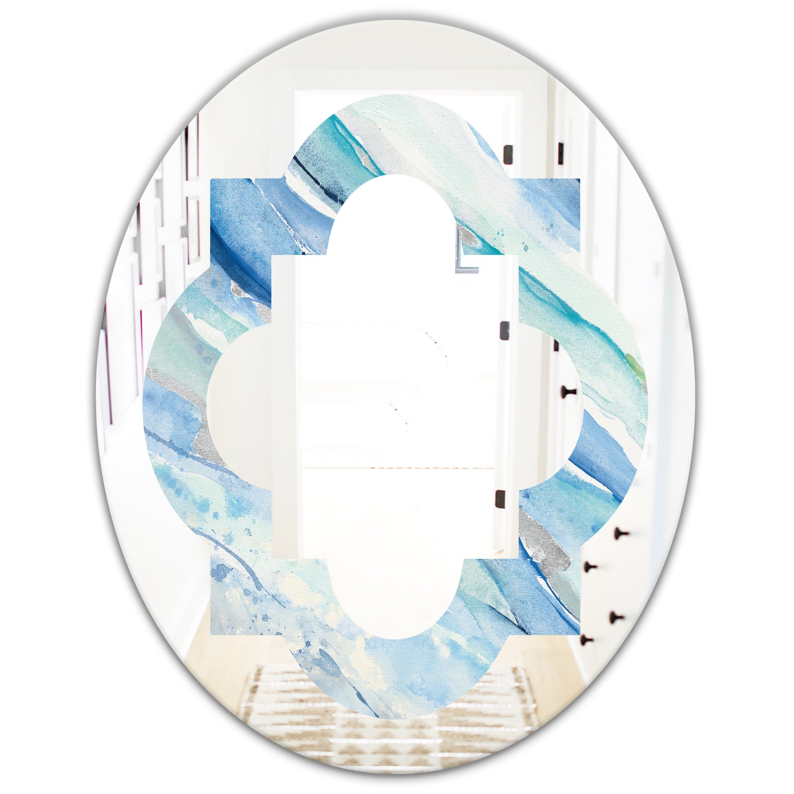 Blue Silver Spring I - Modern Round or Oval Wall Mirror - Quatrefoil