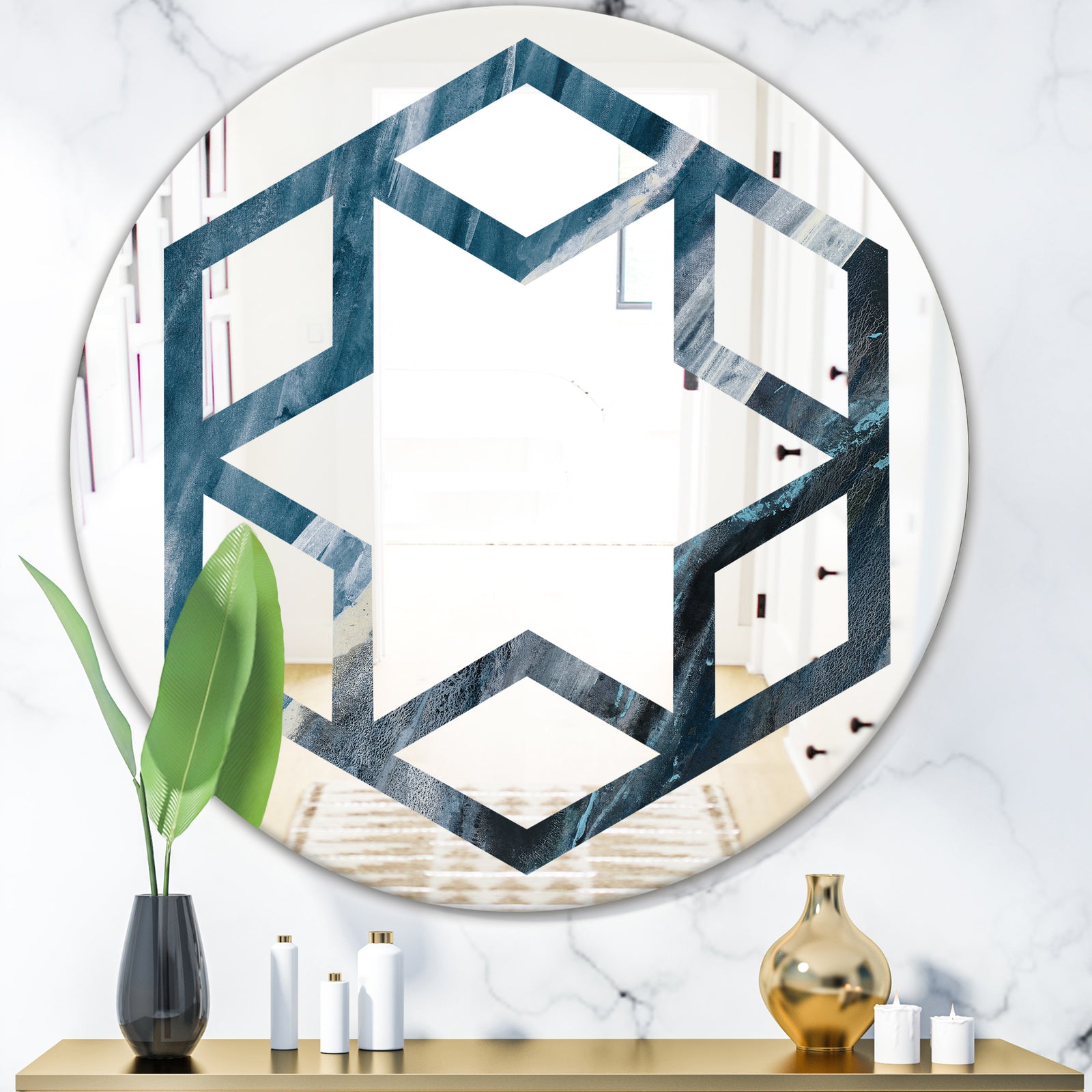 Splash Blue Indigo - Modern Round or Oval Wall Mirror - Hexagon Star