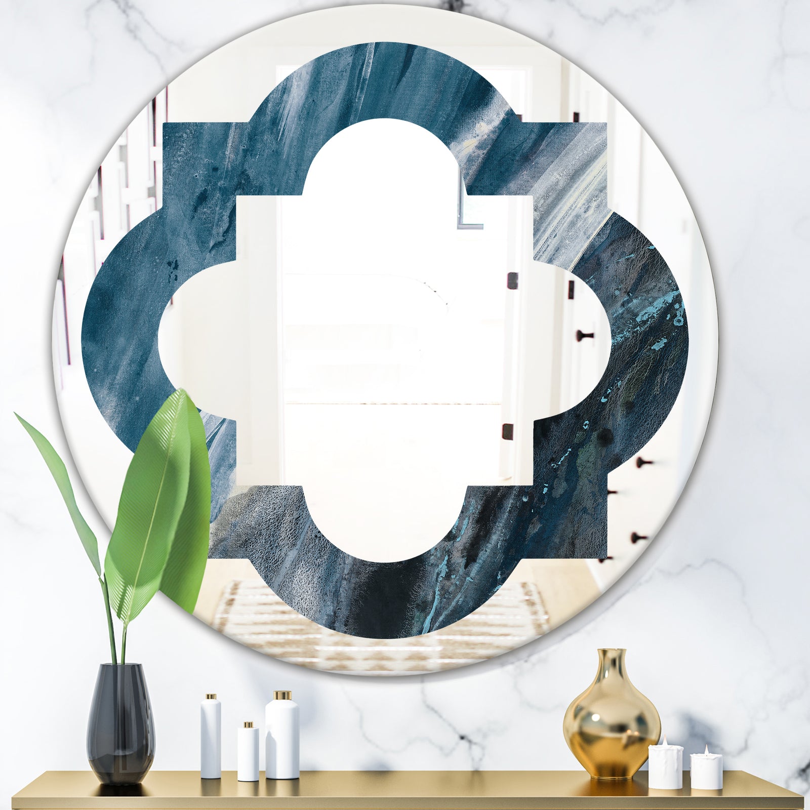 Splash Blue Indigo - Modern Round or Oval Wall Mirror - Quatrefoil