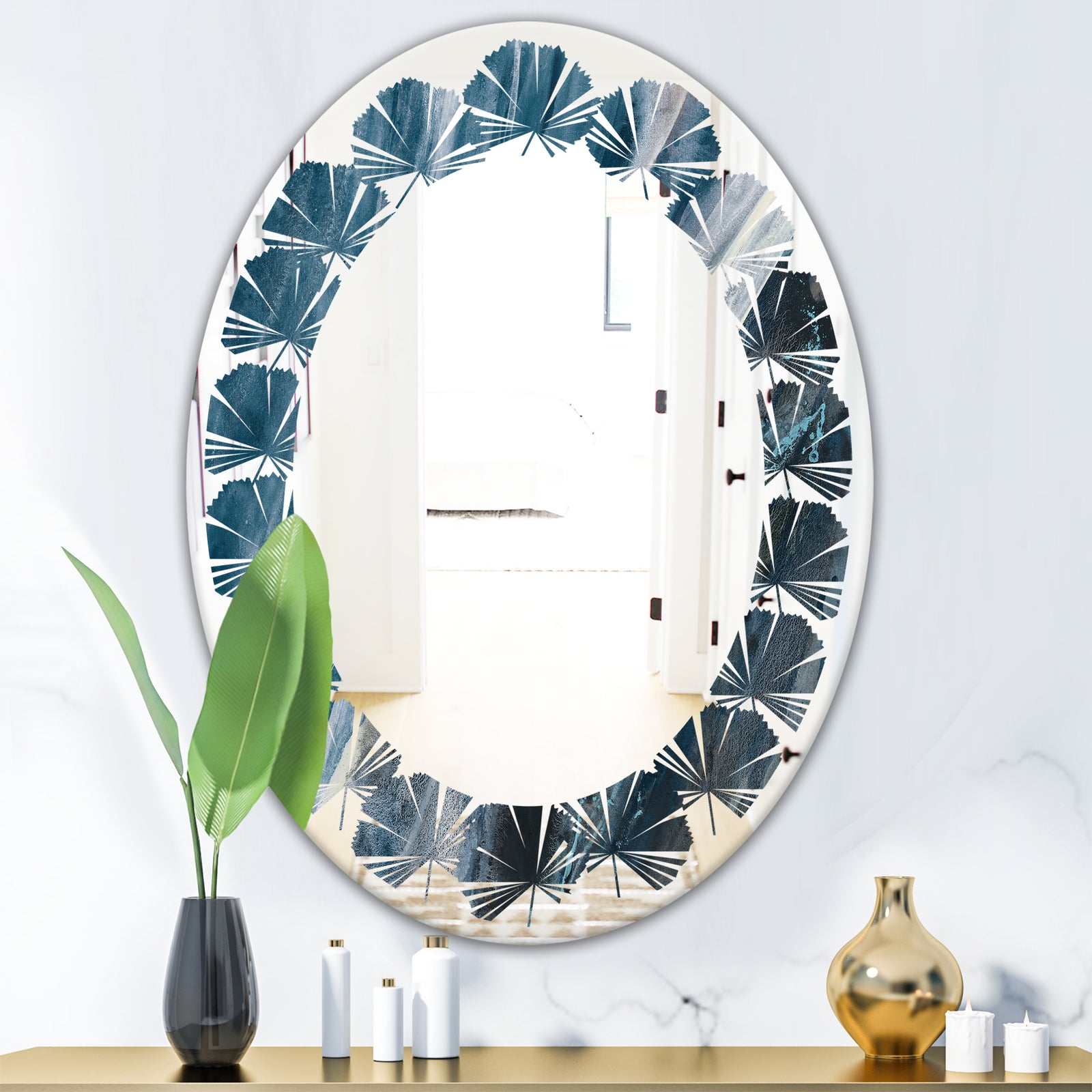 Splash Blue Indigo - Modern Round or Oval Wall Mirror - Leaves