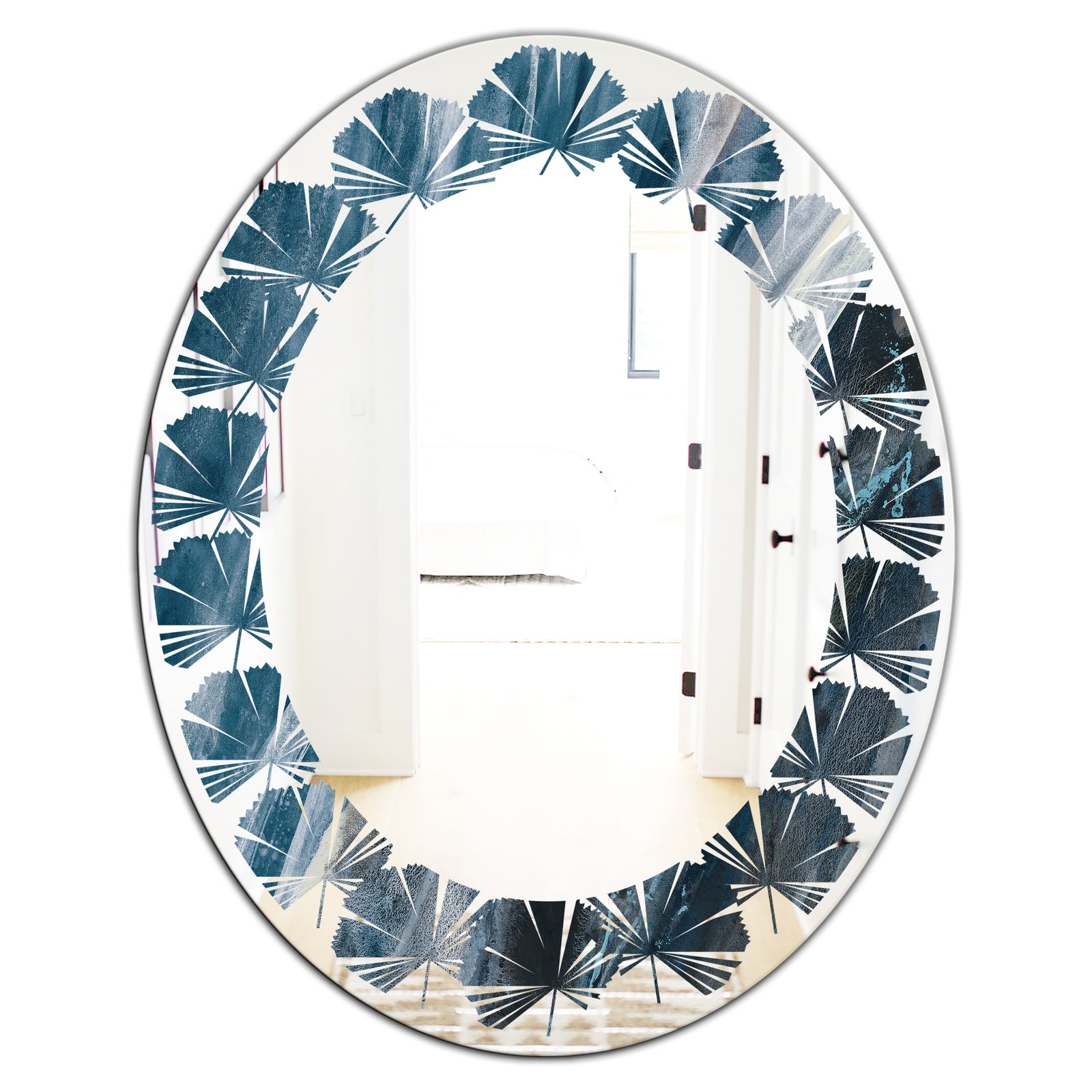 Splash Blue Indigo - Modern Round or Oval Wall Mirror - Leaves