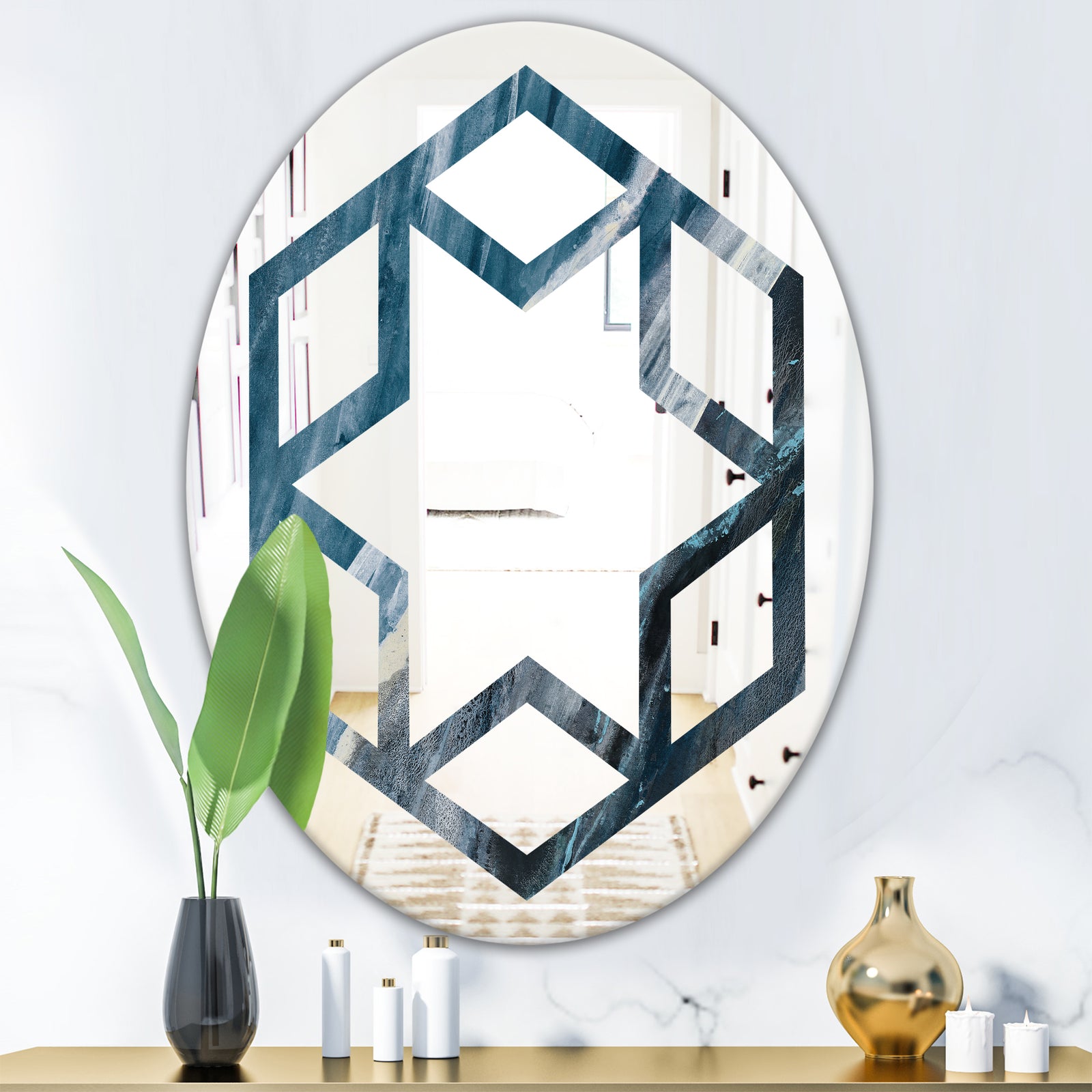 Splash Blue Indigo - Modern Round or Oval Wall Mirror - Hexagon Star
