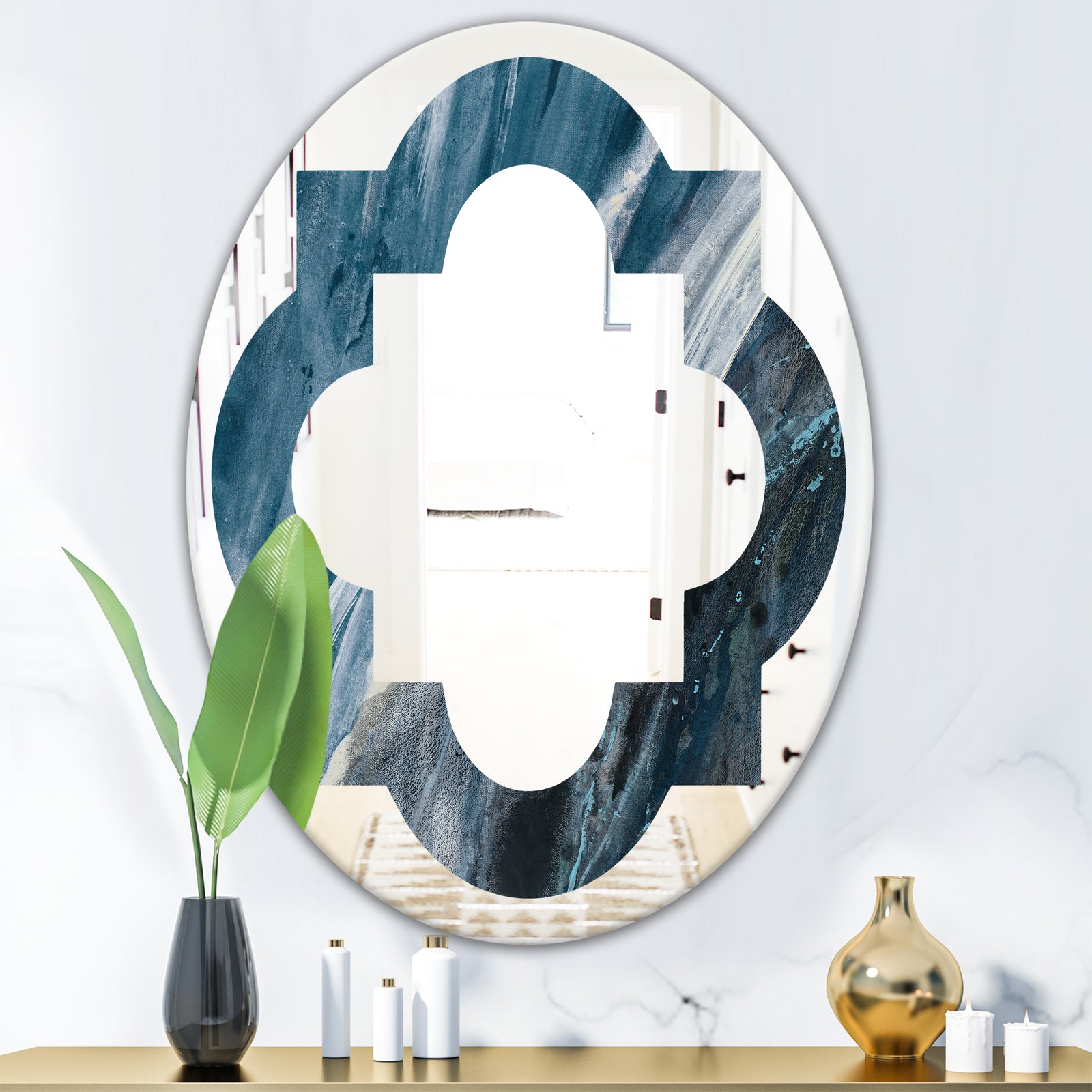 Splash Blue Indigo - Modern Round or Oval Wall Mirror - Quatrefoil