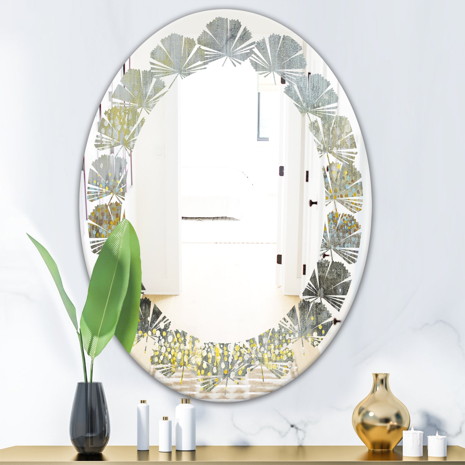 Glam Rain Abstract III - Modern Round or Oval Wall Mirror - Leaves