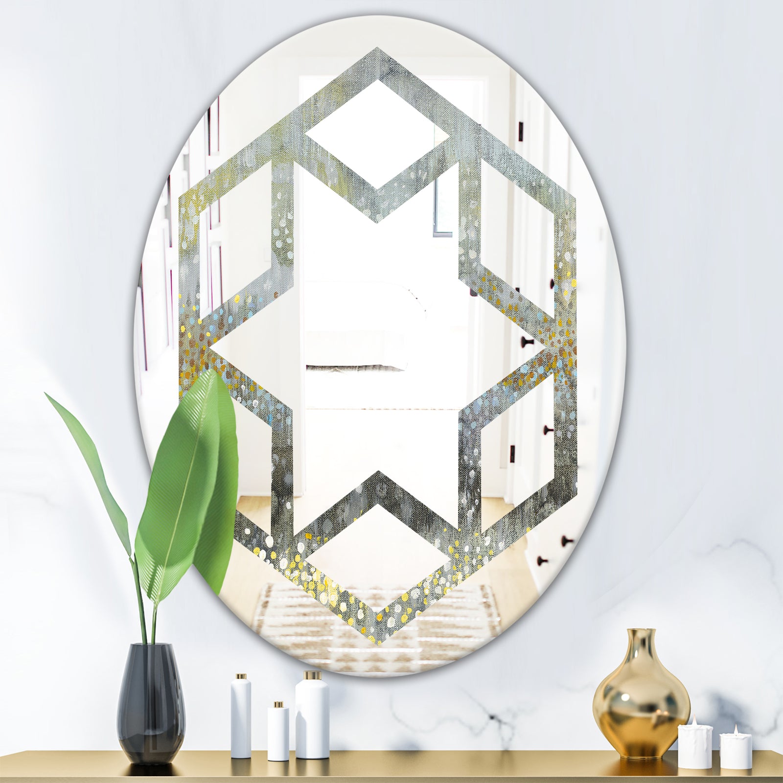 Glam Rain Abstract III - Modern Round or Oval Wall Mirror - Hexagon Star
