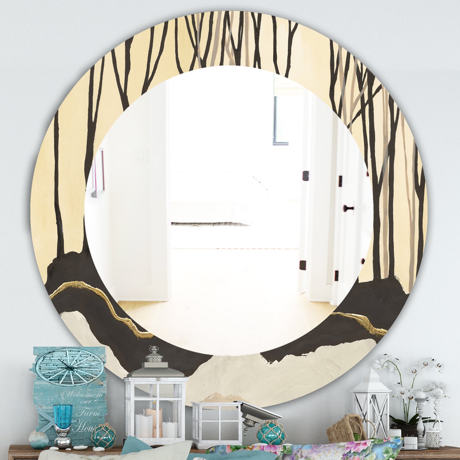Geometric Forest - Farmhouse Mirror - Frameless Oval or Round Wall Mirror