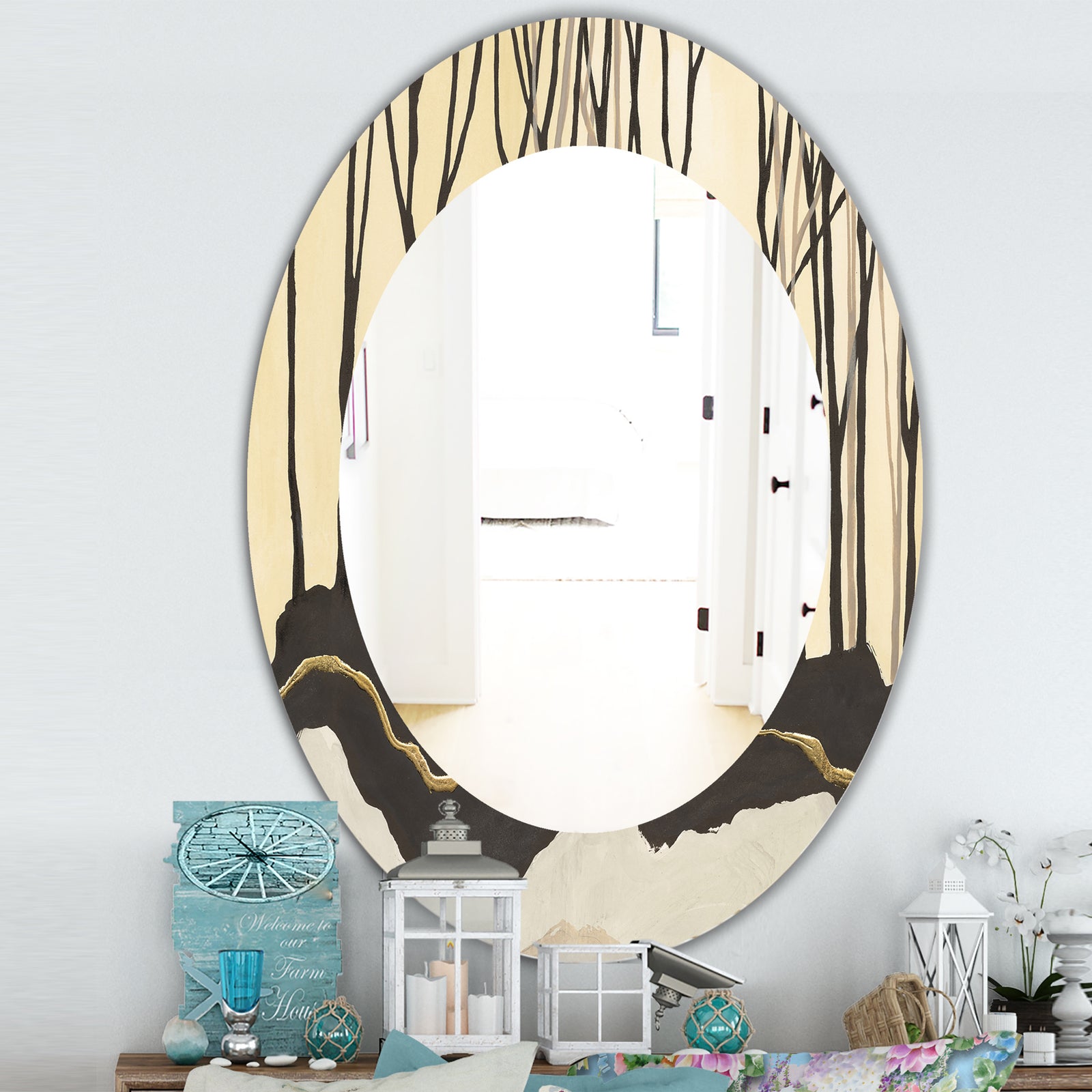Geometric Forest - Farmhouse Mirror - Frameless Oval or Round Wall Mirror