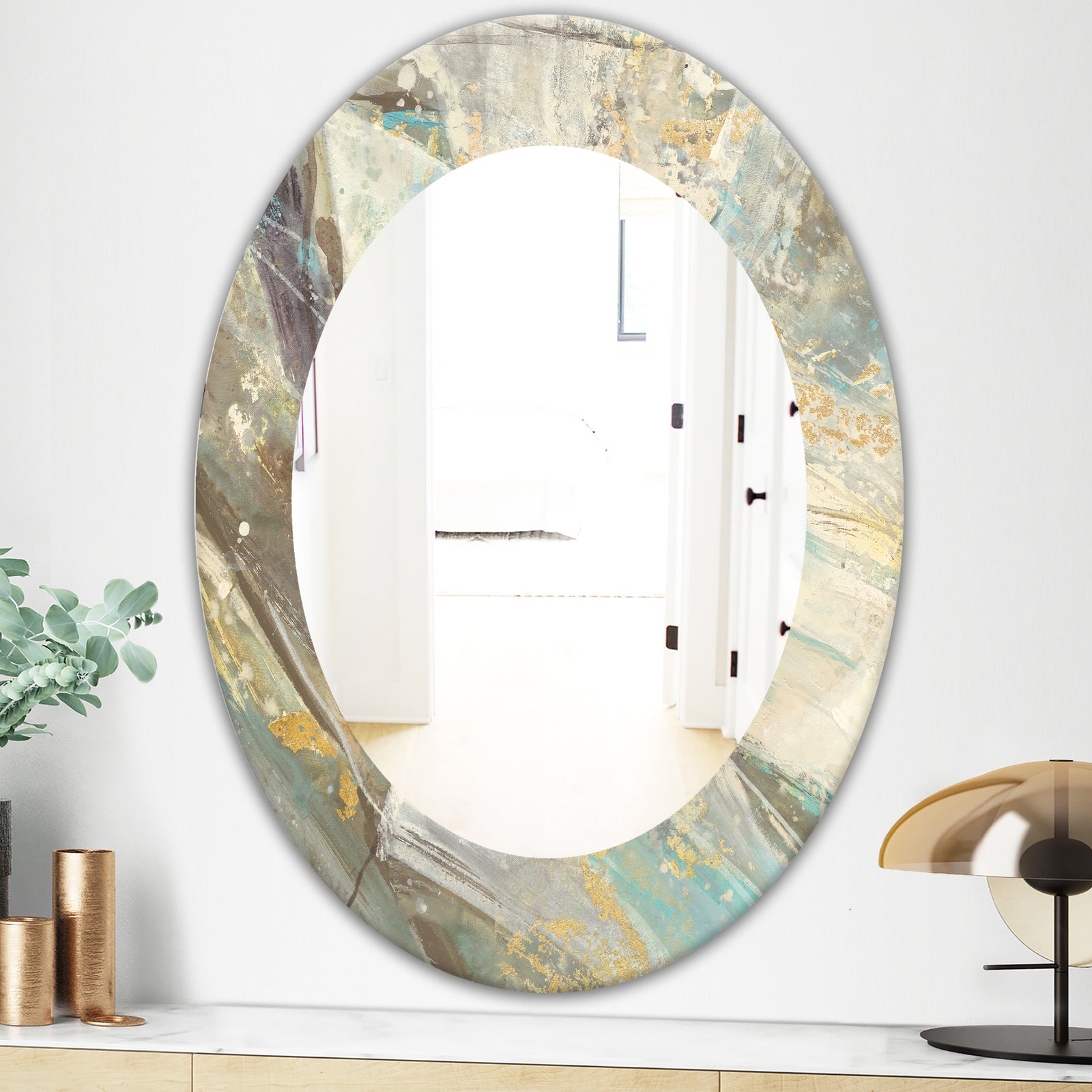 Blue Geometric Water - Modern Mirror - Frameless Oval or Round Wall Mirror