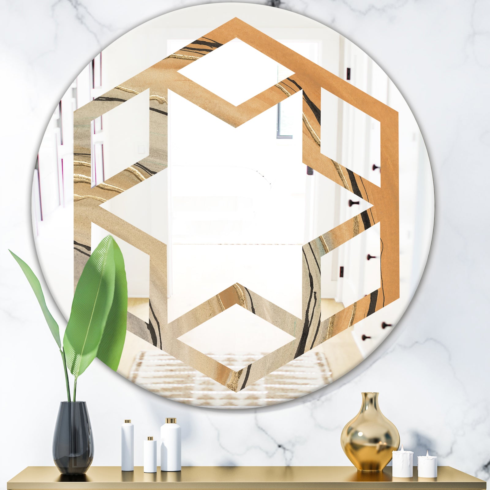 Glam Canion II - Modern Round or Oval Wall Mirror - Hexagon Star