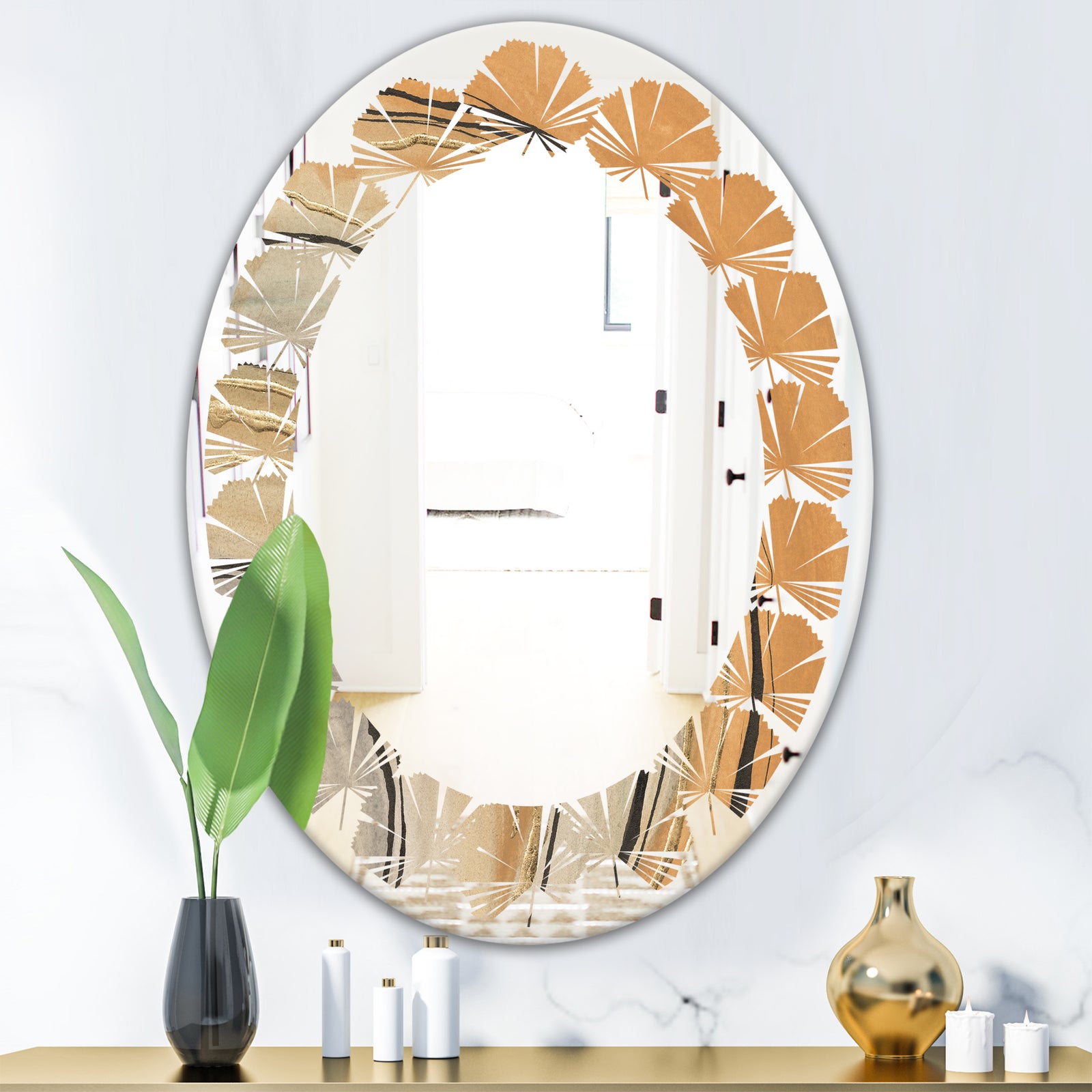 Glam Canion II - Modern Round or Oval Wall Mirror - Leaves