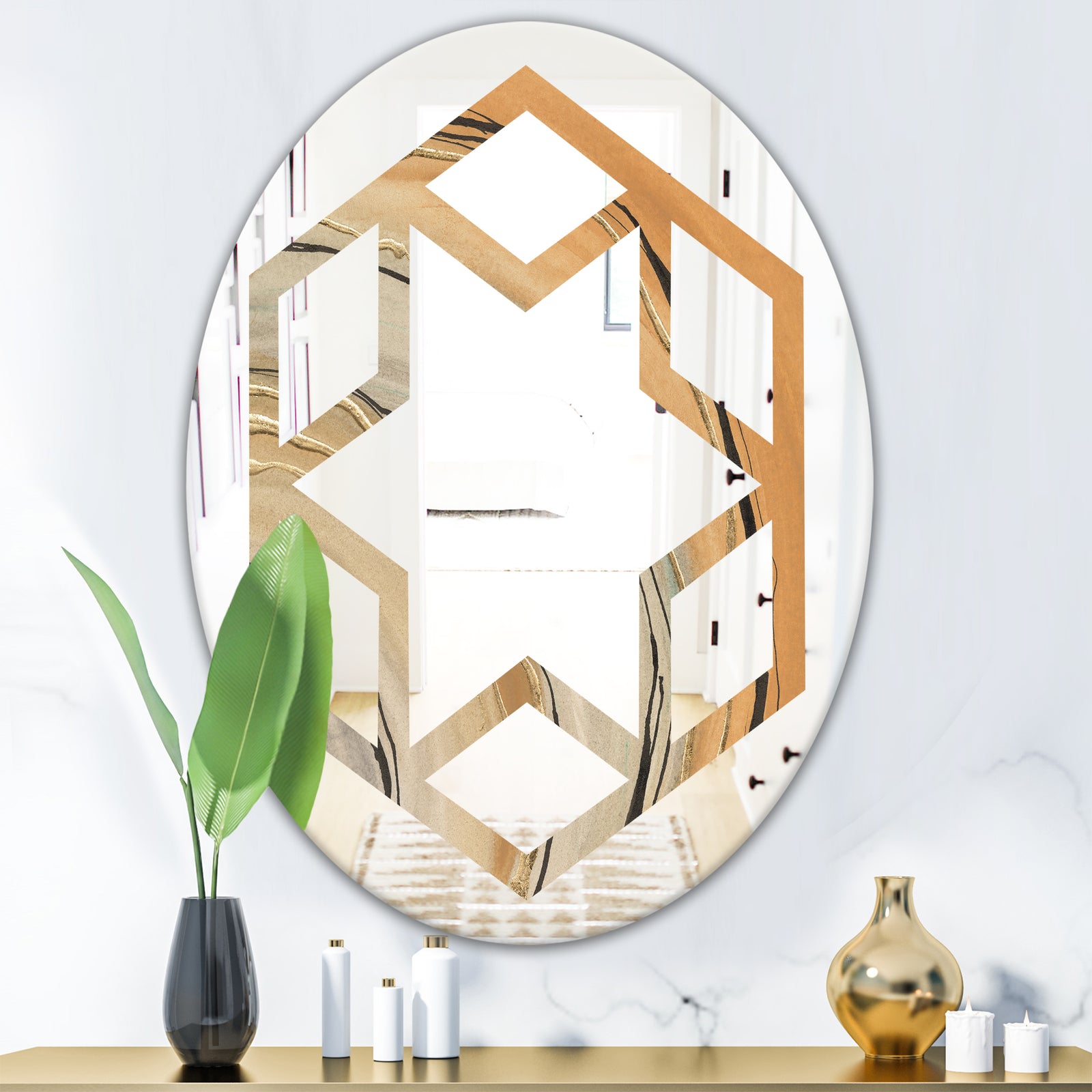 Glam Canion II - Modern Round or Oval Wall Mirror - Hexagon Star