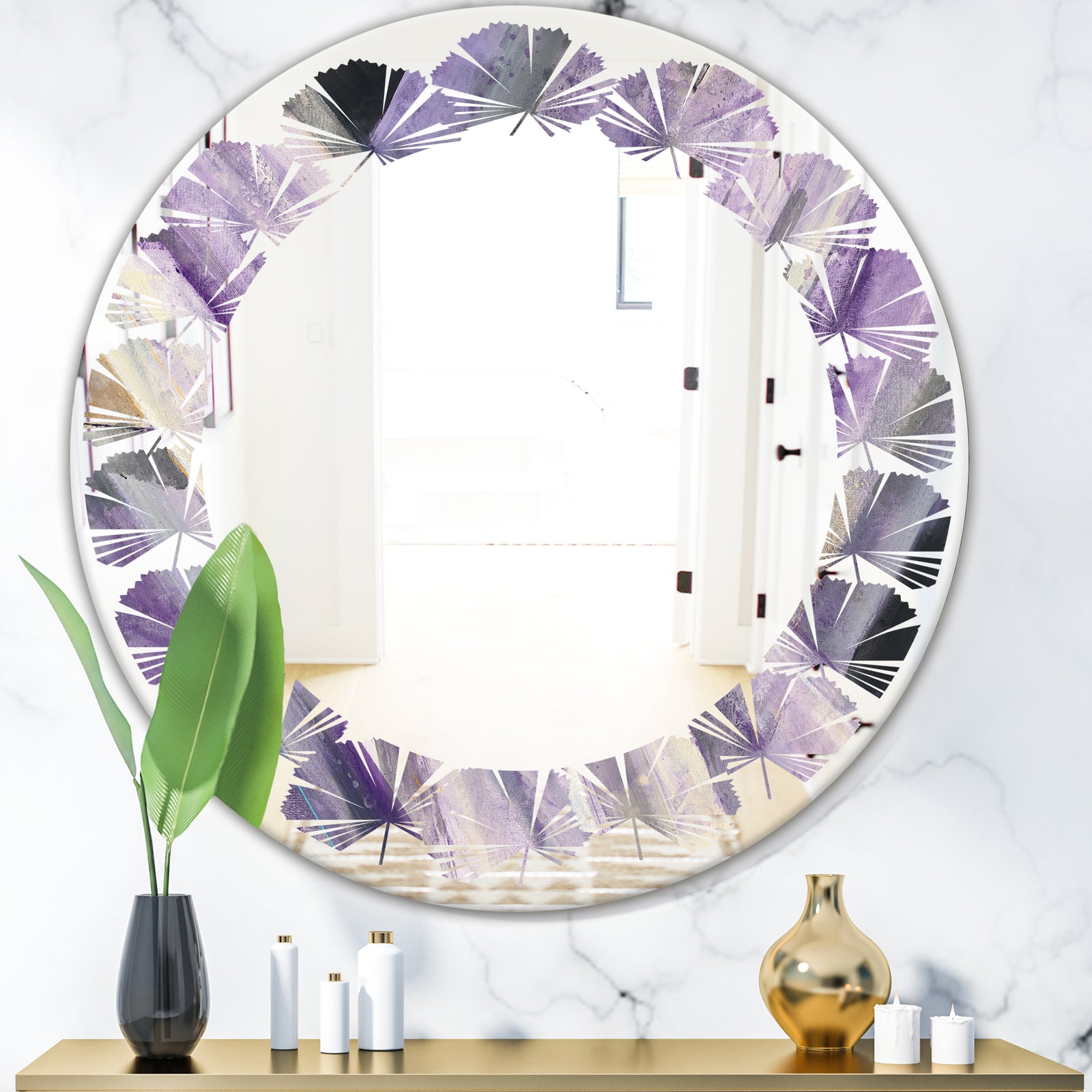 Geometric Purple Glacier - Modern Round or Oval Wall Mirror - Leaves