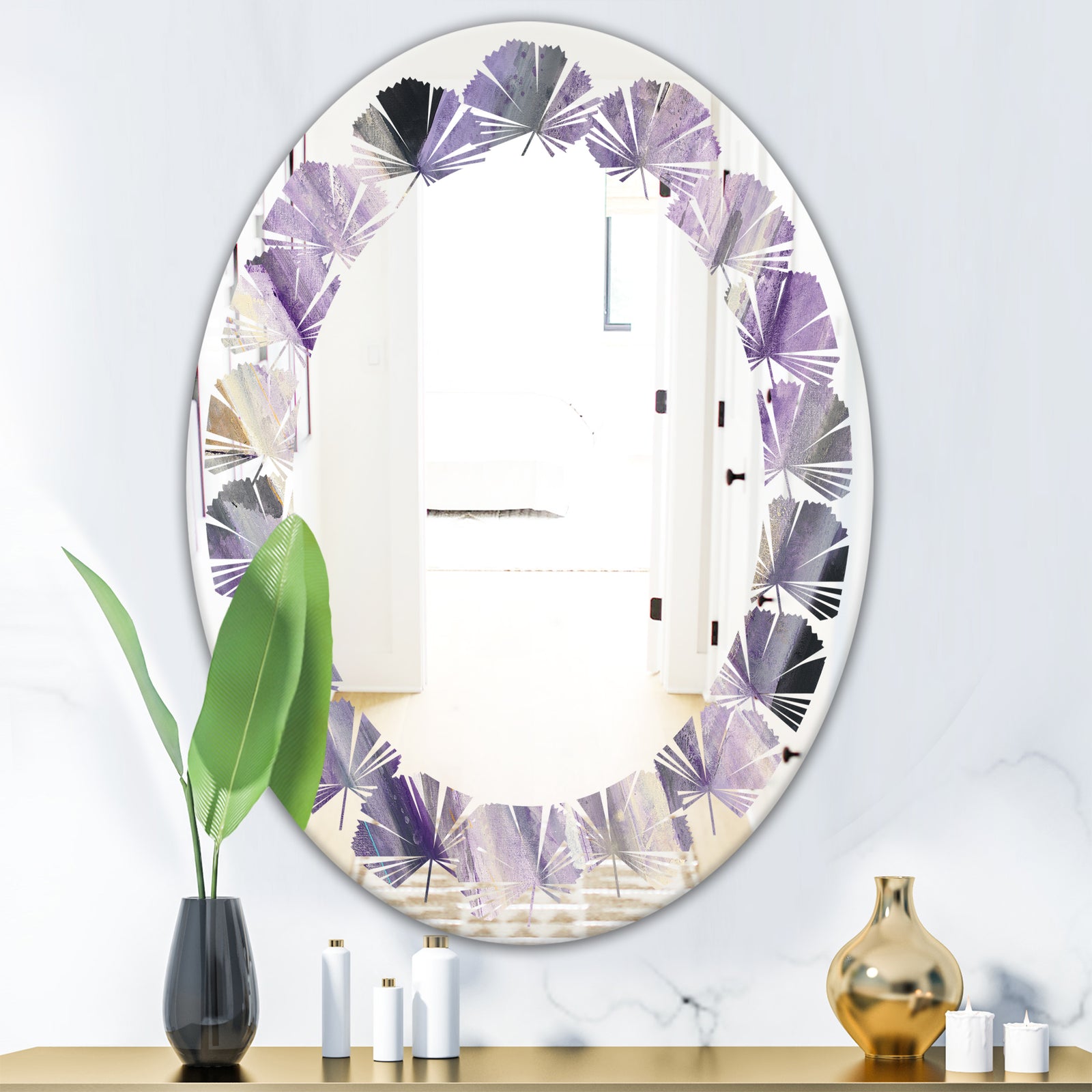Geometric Purple Glacier - Modern Round or Oval Wall Mirror - Leaves