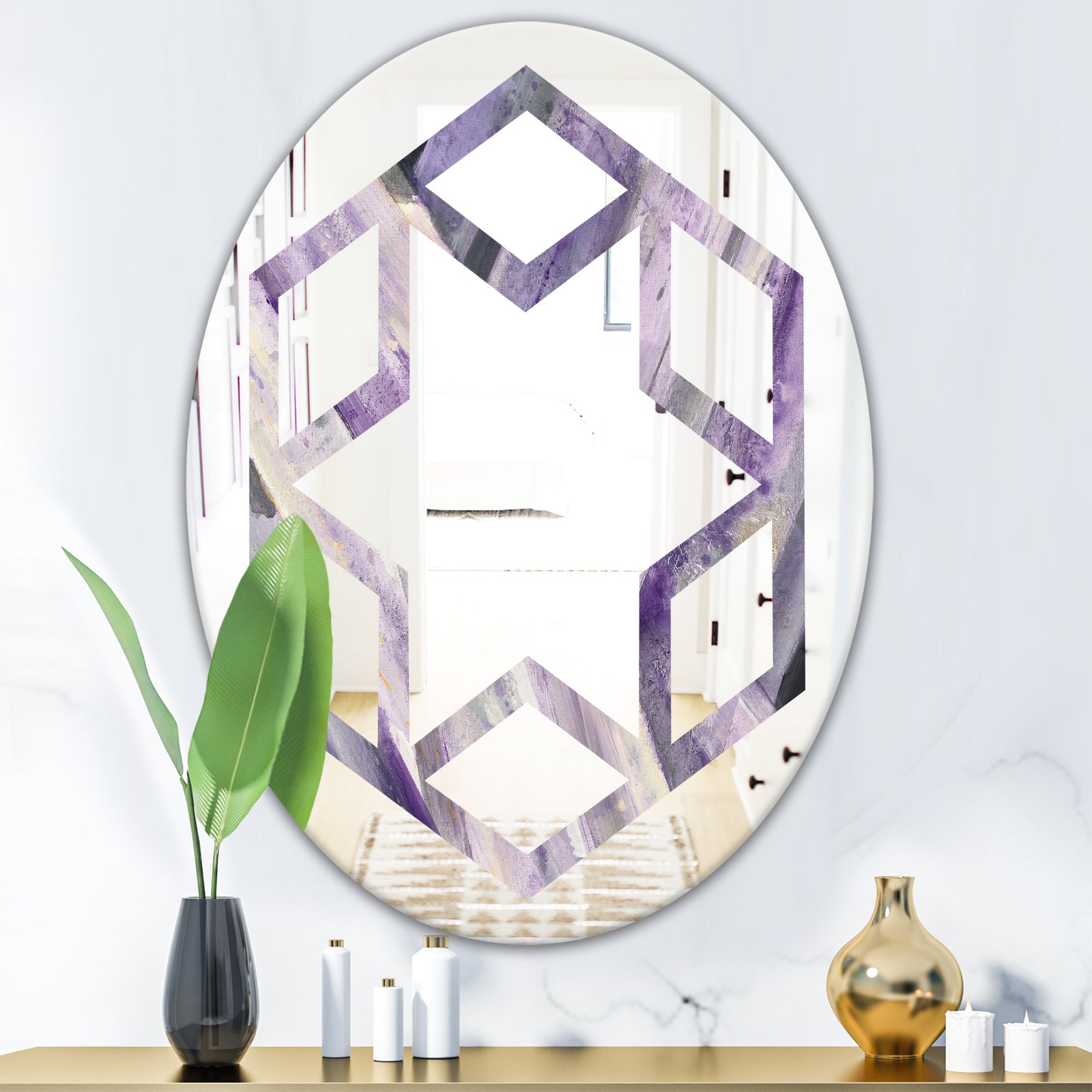 Geometric Purple Glacier - Modern Round or Oval Wall Mirror - Hexagon Star